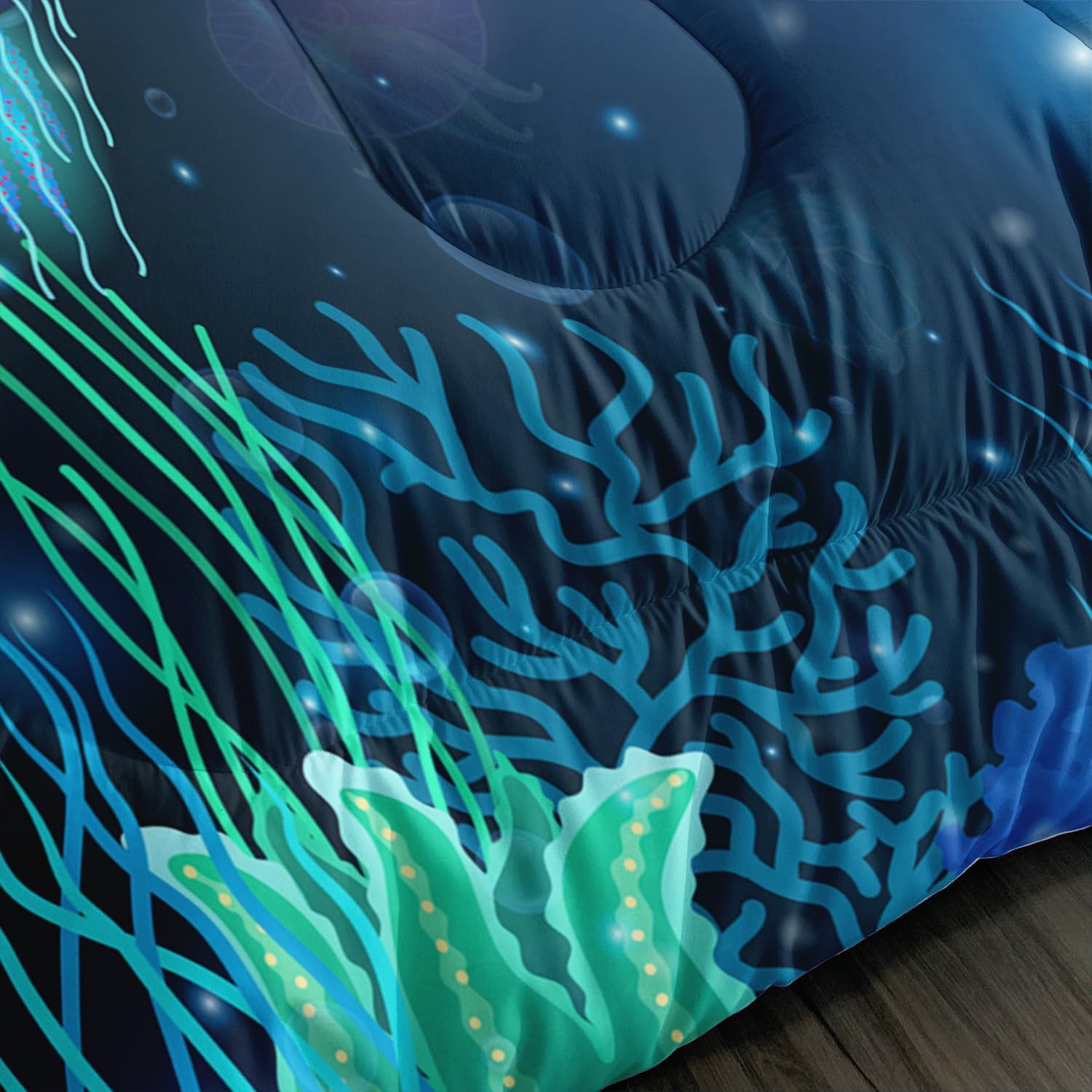 AILONEN Jellyfish Printed Twin Size Comforter Set for Boys Girls Kids,3 Pieces Ocean Animal Theme Bedding Set,Blue Ocean Starry Bed in a Bag Quilt with 2 Pillowcases