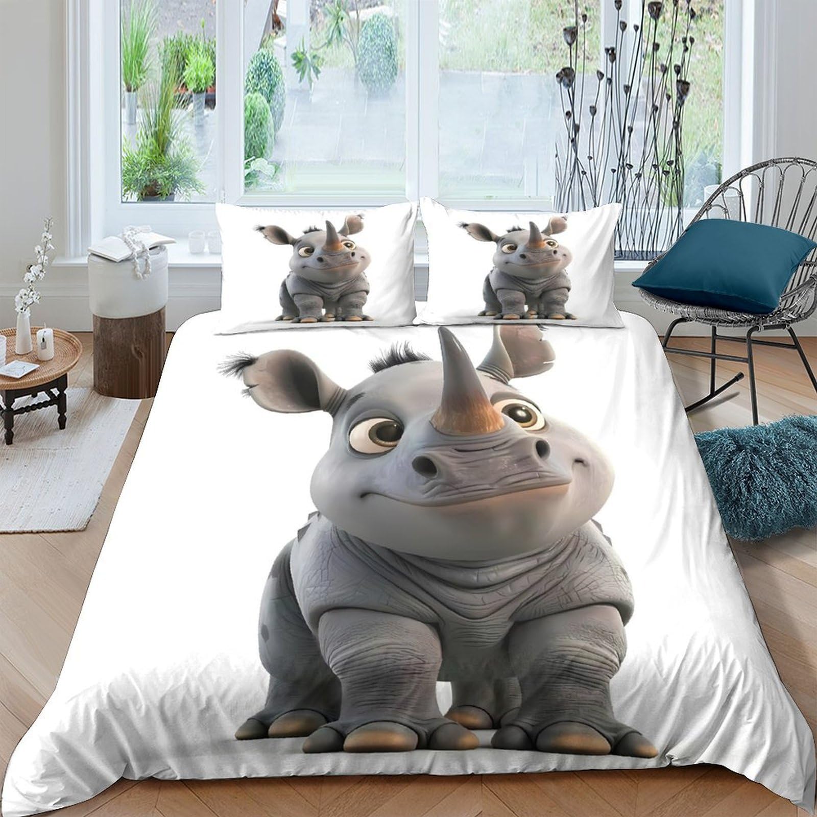 P5V6M1Q9 3D Printed Cartoon Rhino Duvet Cover Microfiber Soft Breathable Animal Bedding Set with 2 Pillowcases for Bedroom Decor Single（135x200cm）