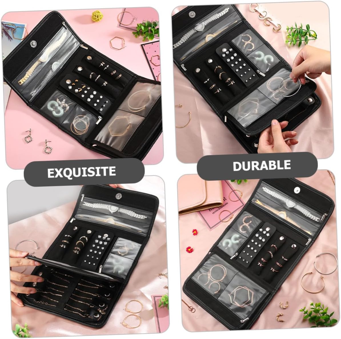 Foldable Jewelry Roll Bag with Clear Pockets PU Material Travel Organizer Pouch for Necklace Earring Bracelet Storage Capacity Scratch-resistant Jewelry Storage Bag for Business