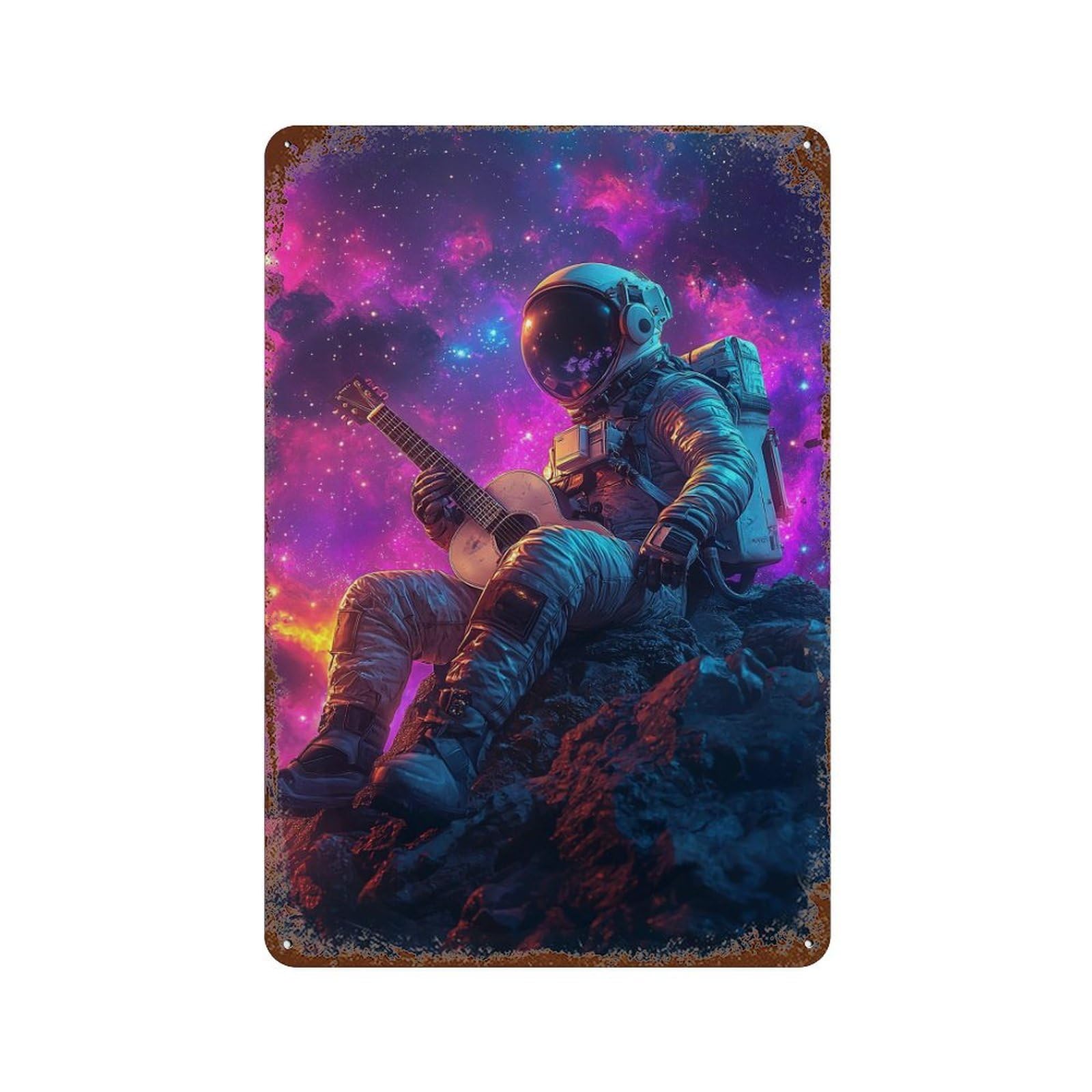 Vintage Rust Metal Sign Astronaut Playing Guitar in Space 11.8"x7.9", Old School Wall Decor for Office, Studio And Wall Decor