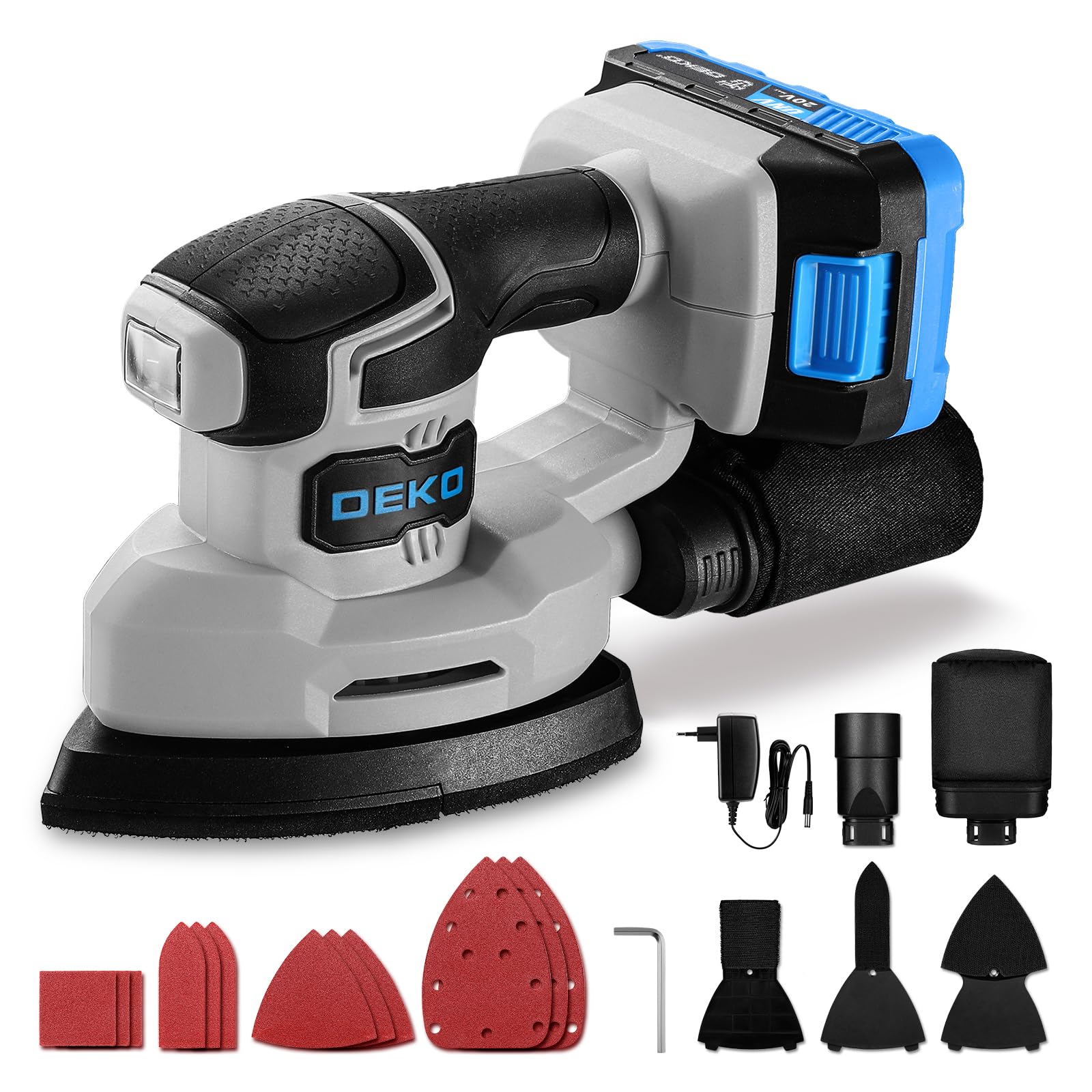 DEKOPRO Ponceuse Delta Sans Fil 20V: Ponceuse Triangulaire - Ponceuse Electrique 13000 RPM, Muni D'un Dépoussiéreur, 15 Papiers Verre - Idéale Pour Ponçage, Polissage et Travail Du Bois - Bleu