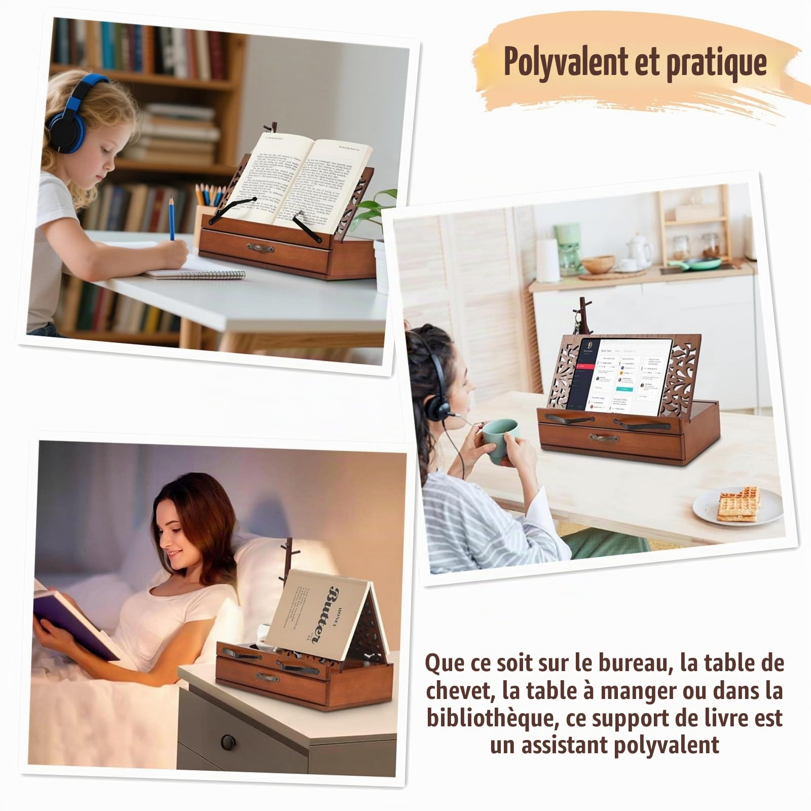 Support de Lecture en Bois avec Tiroir, Porte-stylo et Porte-tasse, Support de Livre Triangulaire pour Bureau et Table de Chevet