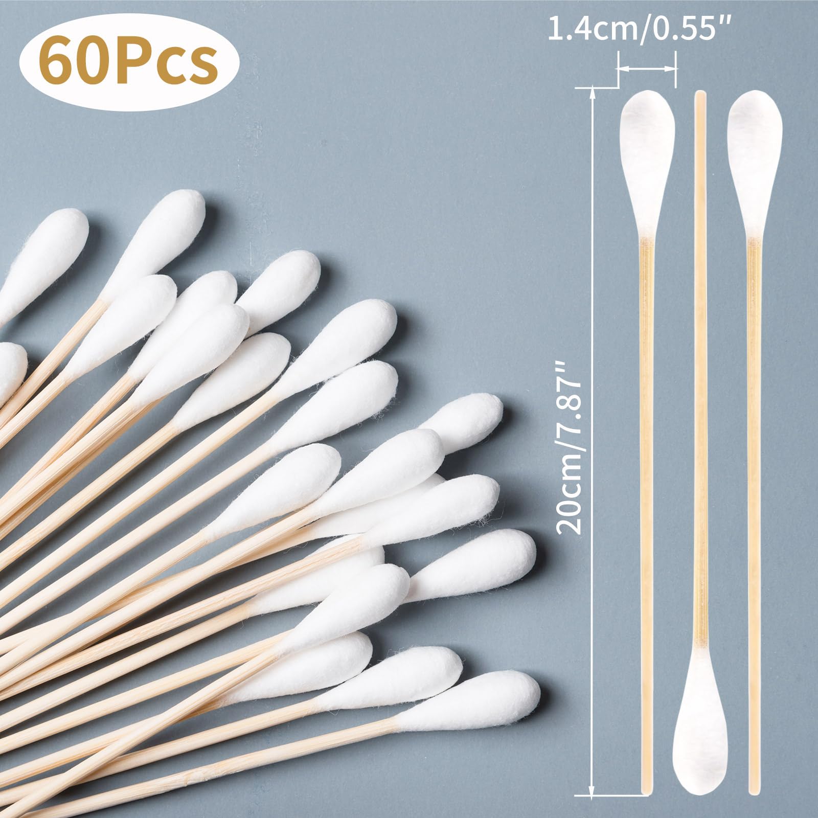 20cm Tamponi di Cotone Lunghi,Tamponi in Cotone con Manici in Legno,Bastoncini con Cotone,Tamponi di Cotone con Grandi Palline di Cotone per Pulizia,Cosmetologia,Strumento Cosmetico,60 Pezzi