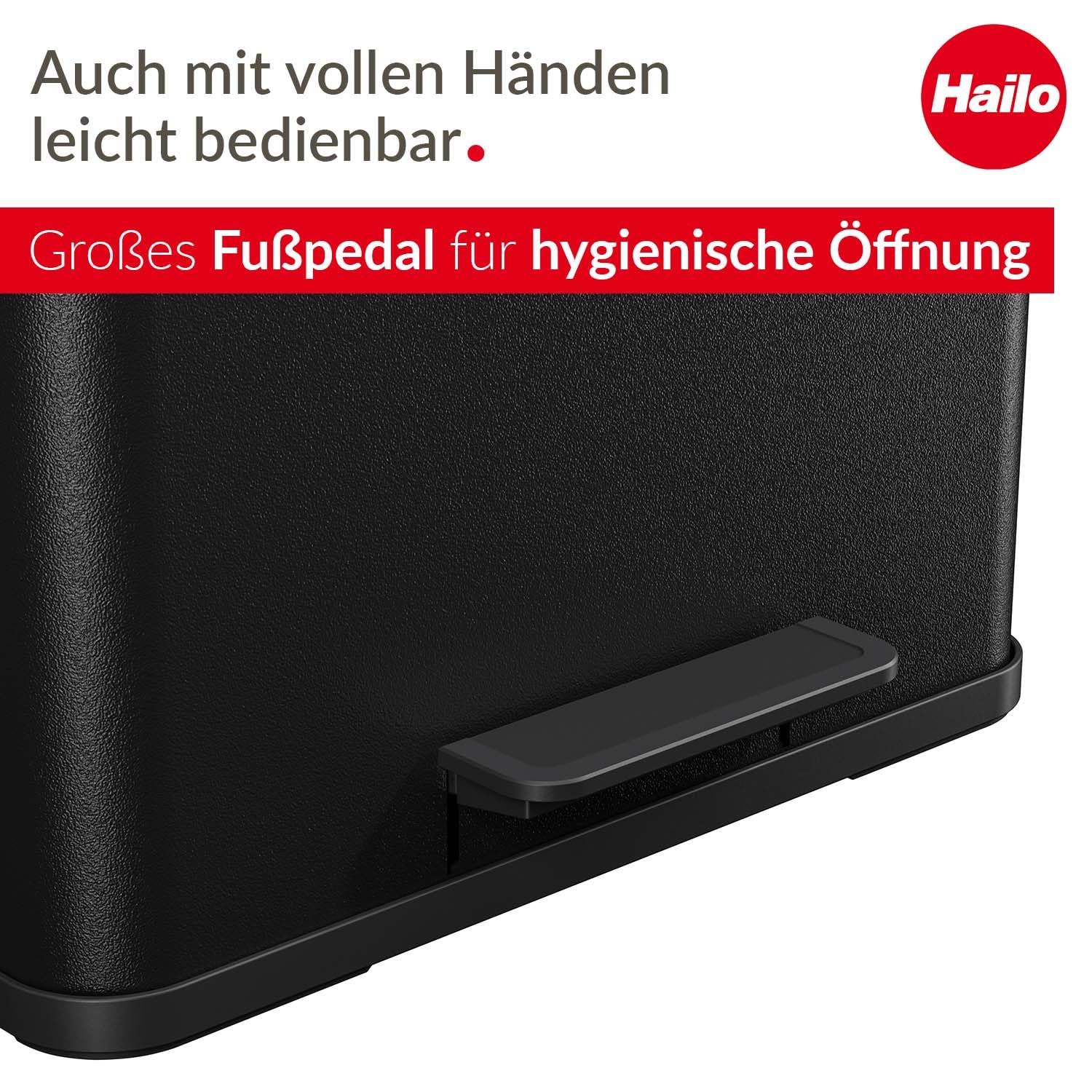 Hailo OKO Trio Plus 0633-260 Pedal Waste Separator Kitchen Trash Can with 3 x 9L Removable Inner Buckets with Soft-Close Lid, Wide Foot Pedal, Multi-Compartment Recycling Bin, Black