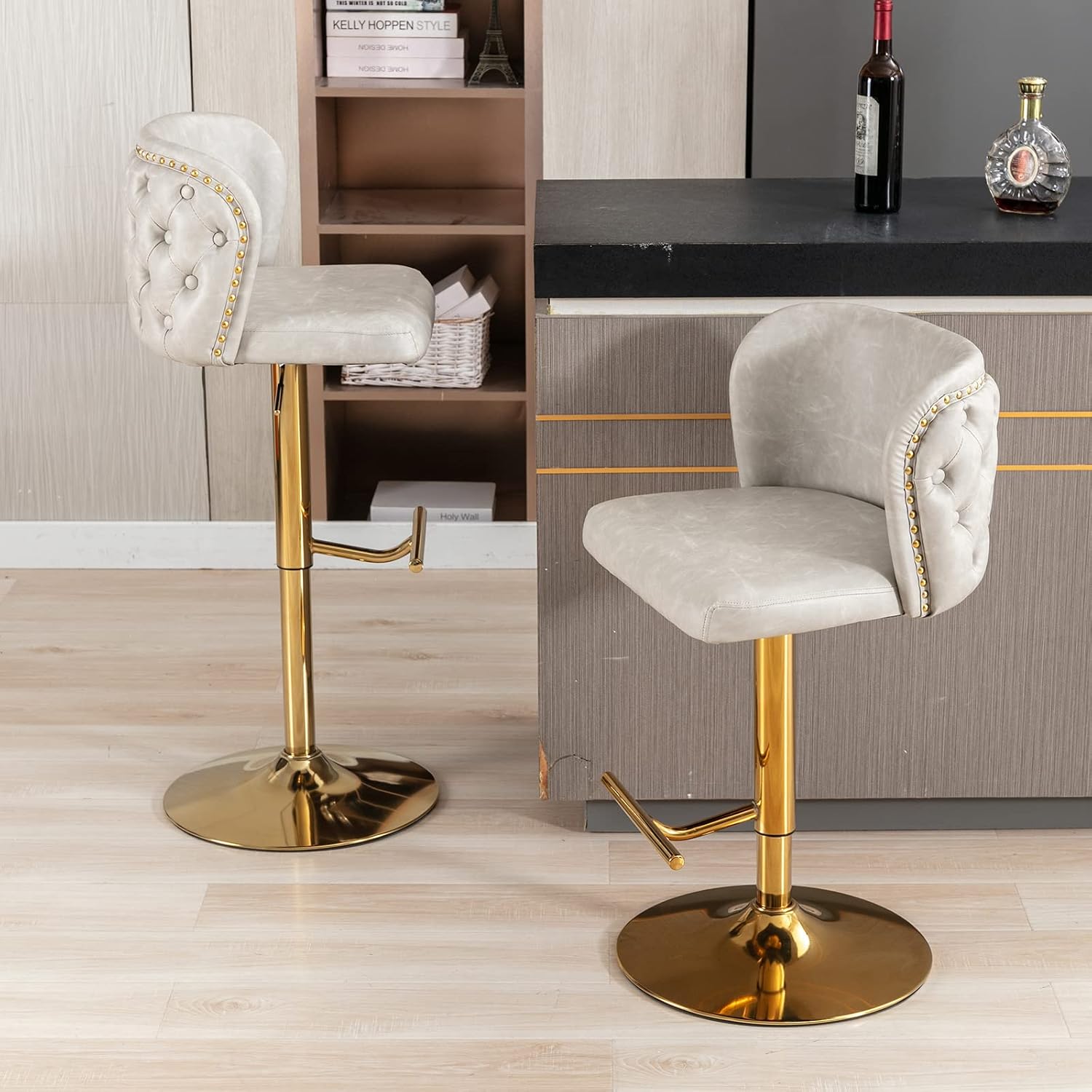 Modern Swivel Counter Height Bar Stools Set of 4, 25"-33" Adjustable Tufted PU Leather Bar Chairs, Beige Kitchen Stools for Kitchen Island, Sillas para Barra de Cocina, Gold Base (Beige, 4Pcs)