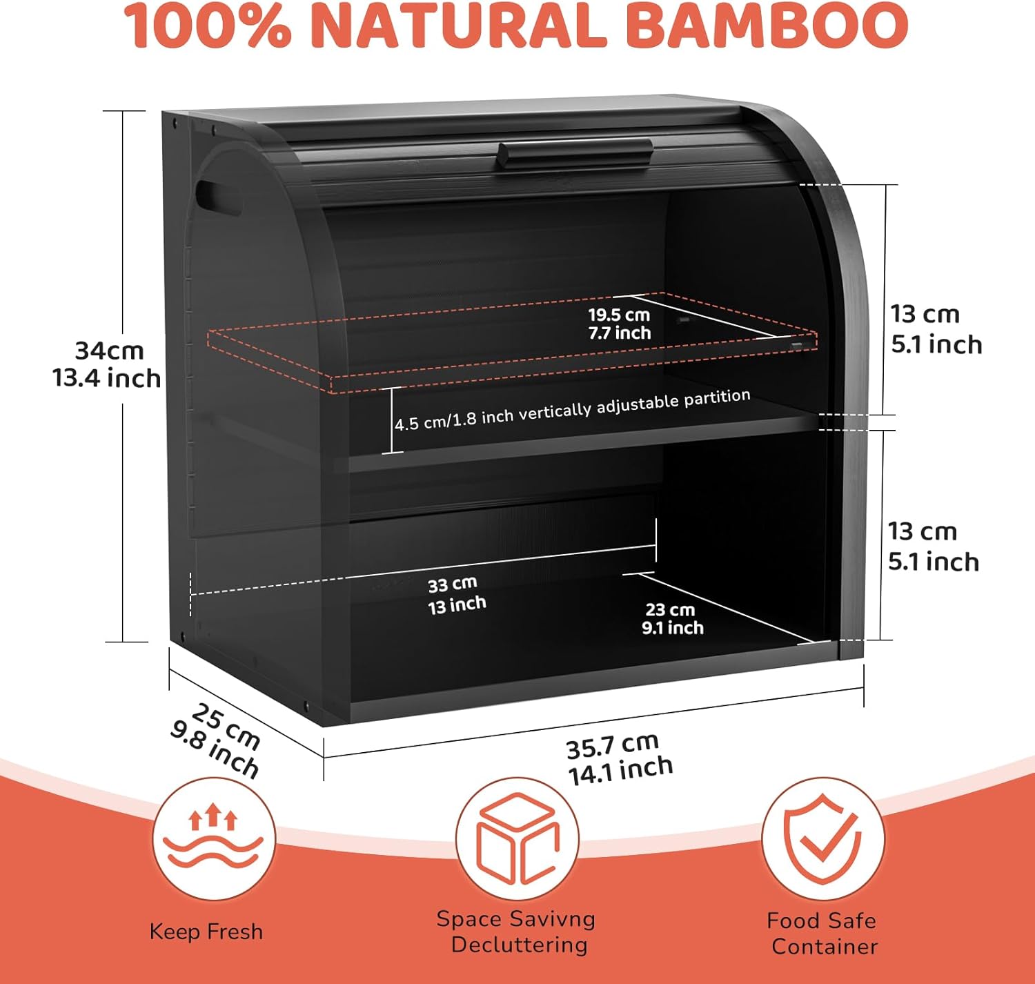 G.a HOMEFAVOR Bread Box: Large 2-Tier Bamboo Roll Top Bread Storage Container for Kitchen Counter, Bread Holder Food Bin for Countertop, Self-Assembly, Black