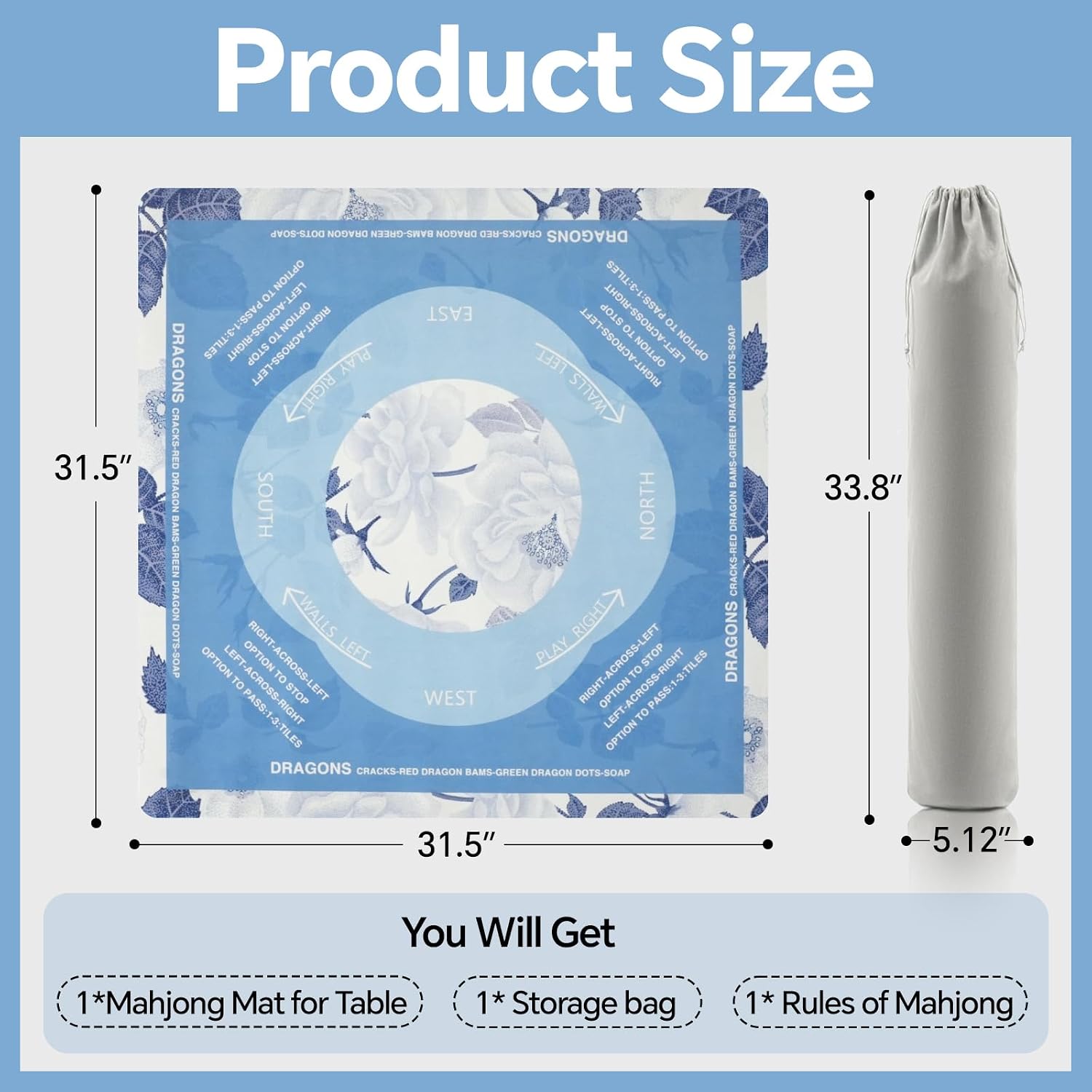 31.5"x31.5"Mahjong Mat for Table- Non-Slip Waterproof Surface Noise Reduction Foldable Table Mat with Storage Bag & Game Rules，Ready to Use，Easy to Store and Organize Blue Printed