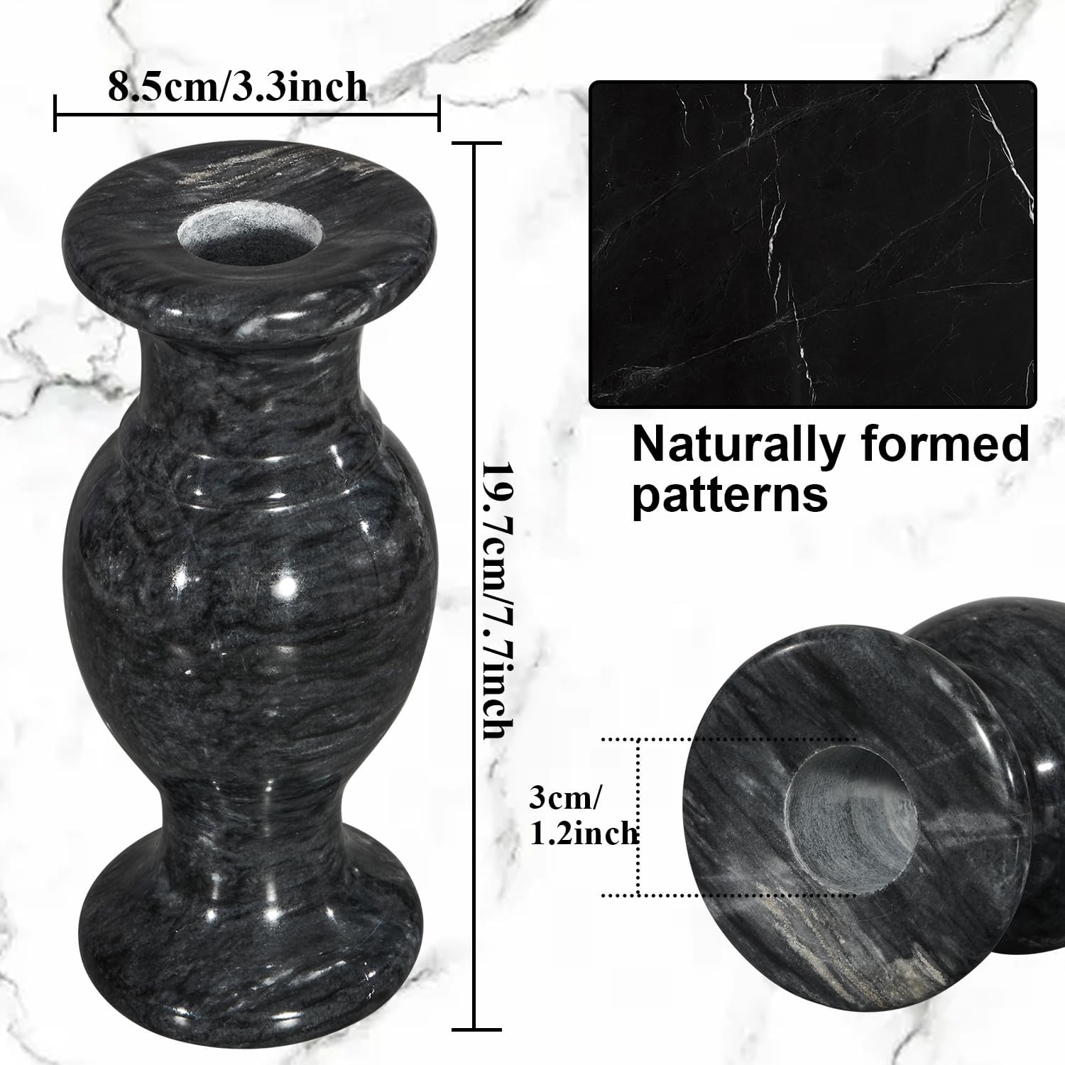 Cemetery Vase, Natural Marble Vases Flower Vases with Draining Holes for Indoor Outdoor Cemetery Memorial Grave Decorations (2 Pieces, Black)