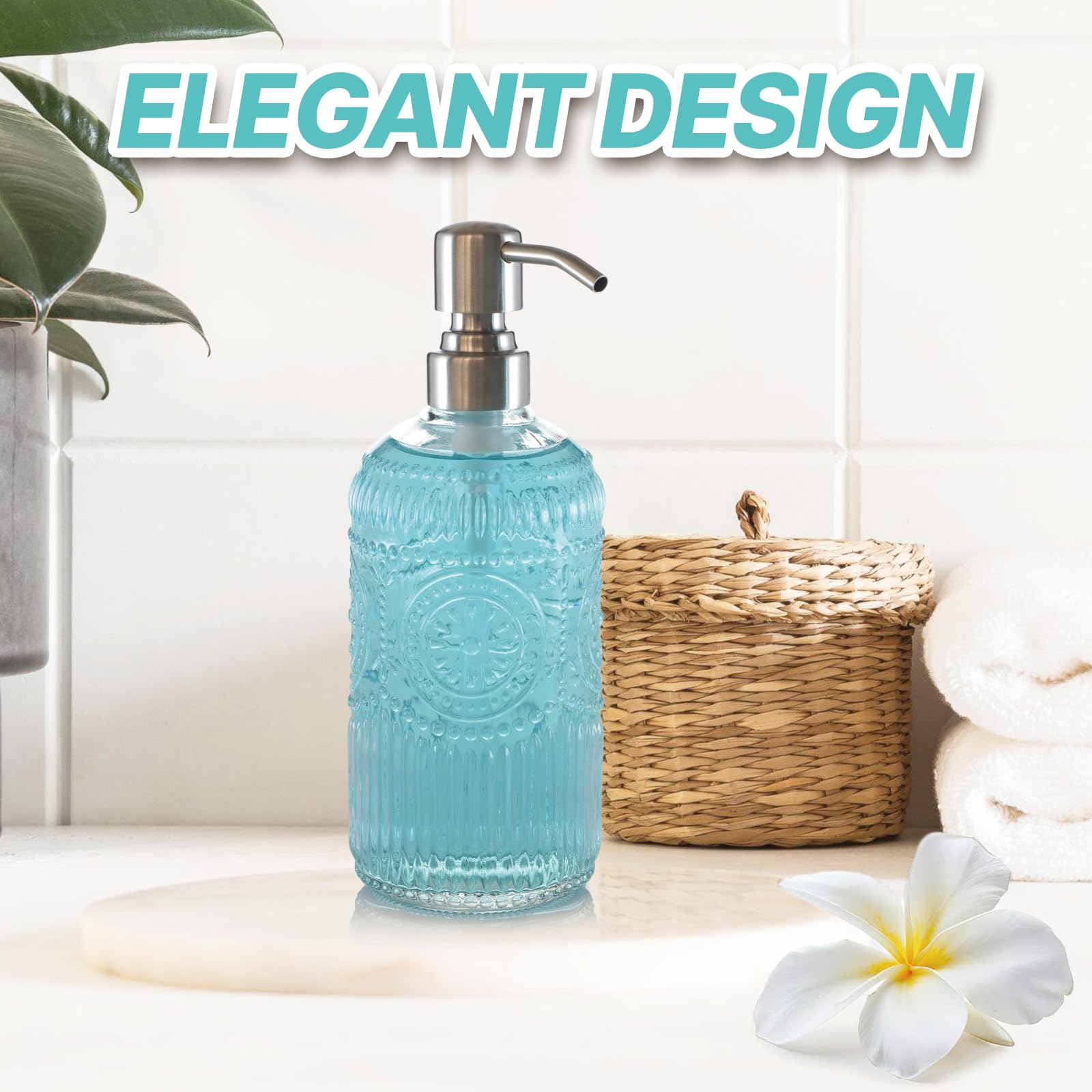 Dispenser di sapone in vetro da 500 ml, con pompa in acciaio inossidabile 304, design elegante, per cucina e bagno, ricaricabile, dispenser di sapone liquido per le mani, bottiglia per sapone