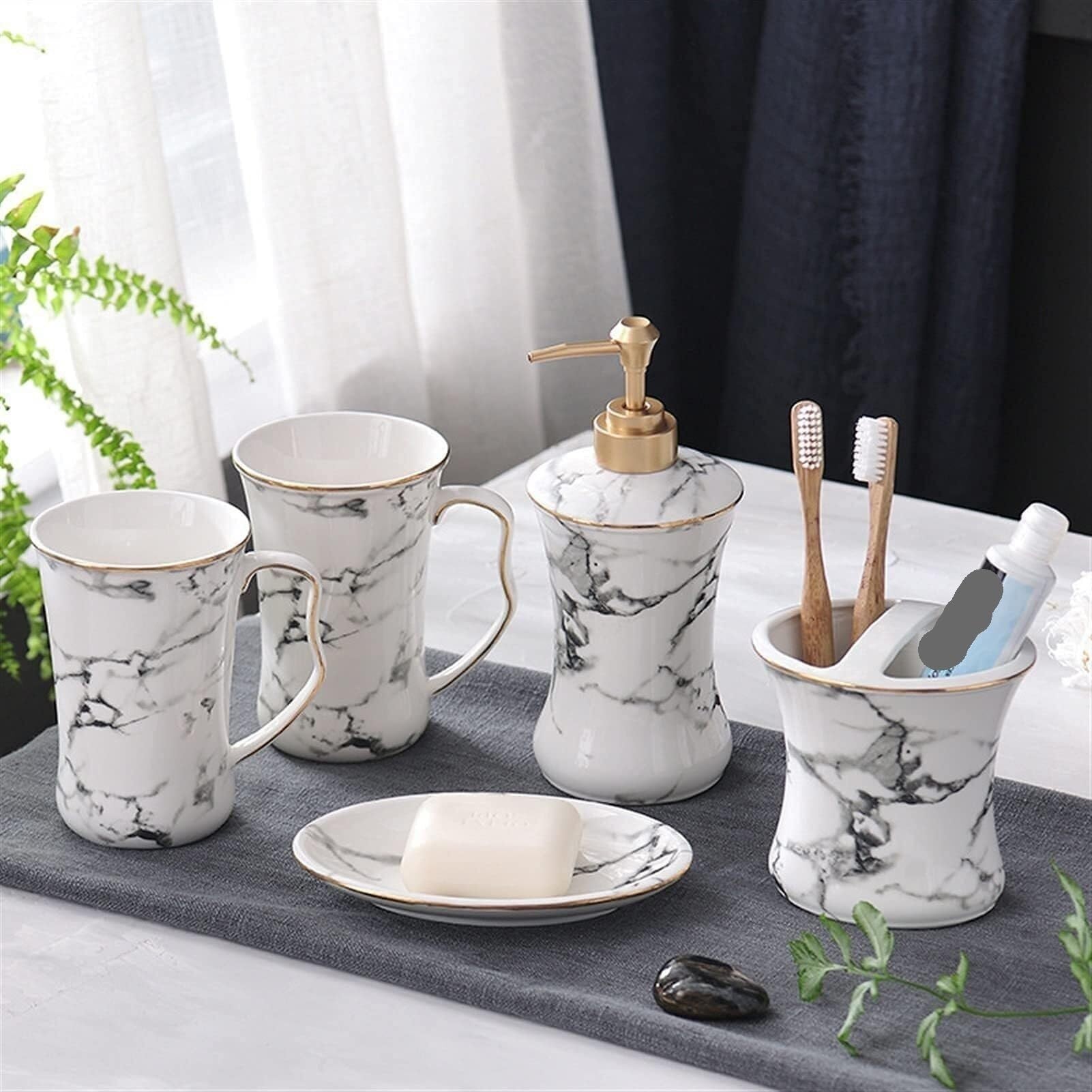 Set di accessori per il bagno Dispenser di sapone da cucina in ceramica con motivo in marmo bianco, 5 pezzi Arredamento per gli affittuari