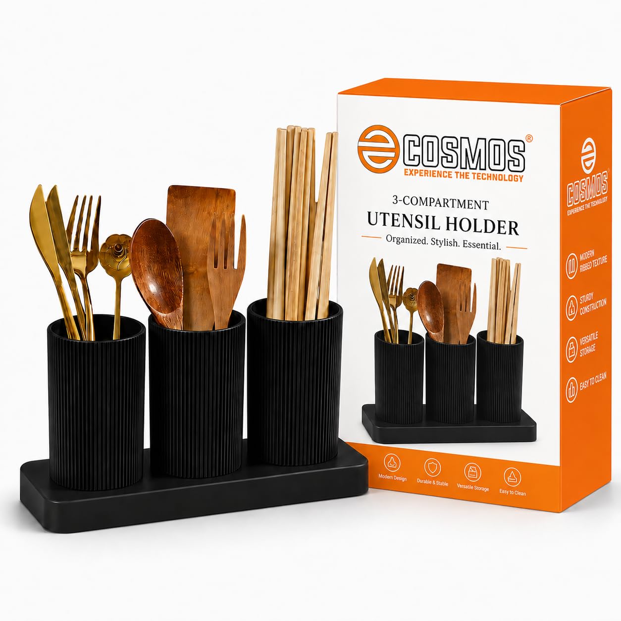 E-COSMOS® Plastic Self-Draining Cutlery Holder - Multi-Slot Utensil Drying Rack and Storage Organizer for Spoons, Knives, and Forks – Non-Slip Kitchen Countertop Caddy, 23x8x12 cm, Black