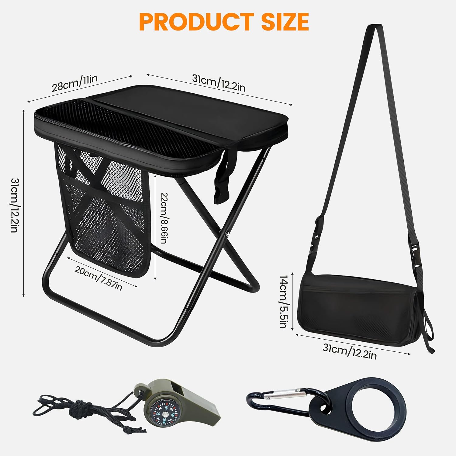 Portable Folding Camping Stool with 3 Side Pockets, Lightweight Foldable Camping Stool with 3-in-1 Whistle and Water Bottle Holder, Compact Folding Seat Collapsible Purse Chair, Black