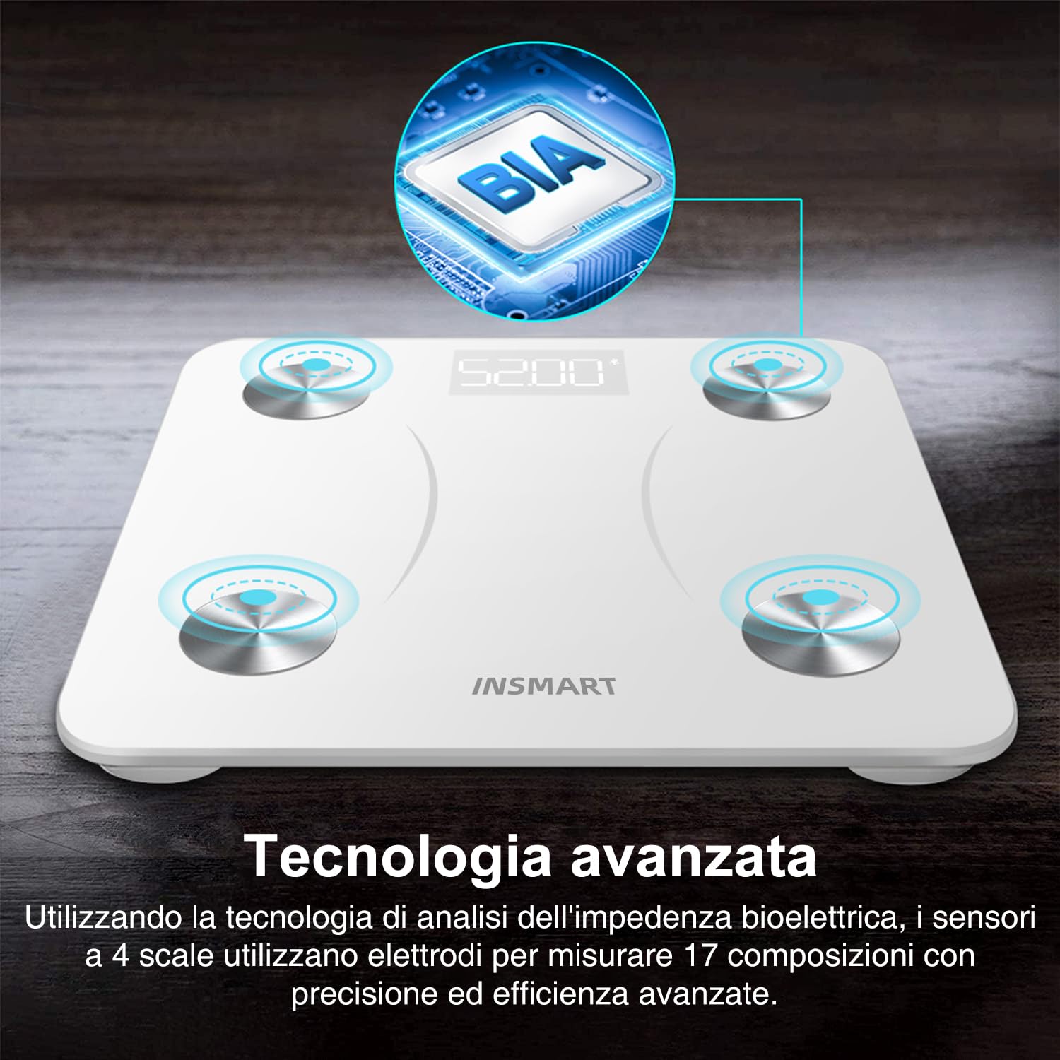 Bilancia Pesapersone Digitale Professionale, INSMART Bilancia Impedenziometrica Smart Bluetooth con 16 Indici di Misurazione Pesa Persone, Massa Grassa e Magra, BMI, Massa Muscolare o Ossea, 180KG