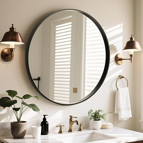 Miniatura 60 de WallBeyond Espejo redondo de madera de 24 pulgadas, espejo de pared circular para baño, espejo de pared redondo para decoración de pared, tocador