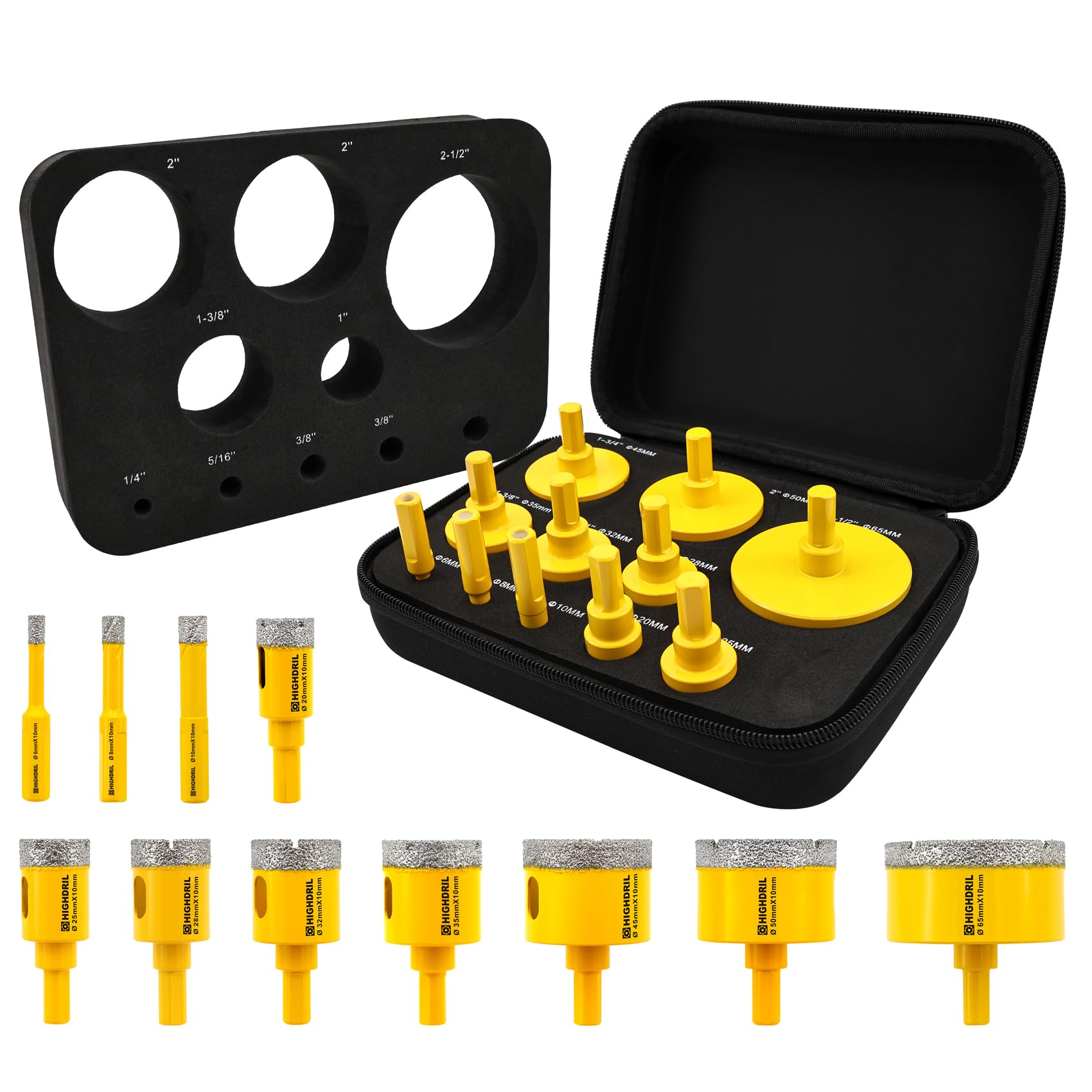 HIGHDRIL Diamond Hole Saw Kit, 6/8/10/20/25/28/32/35/45/50/65mm Drill Bits