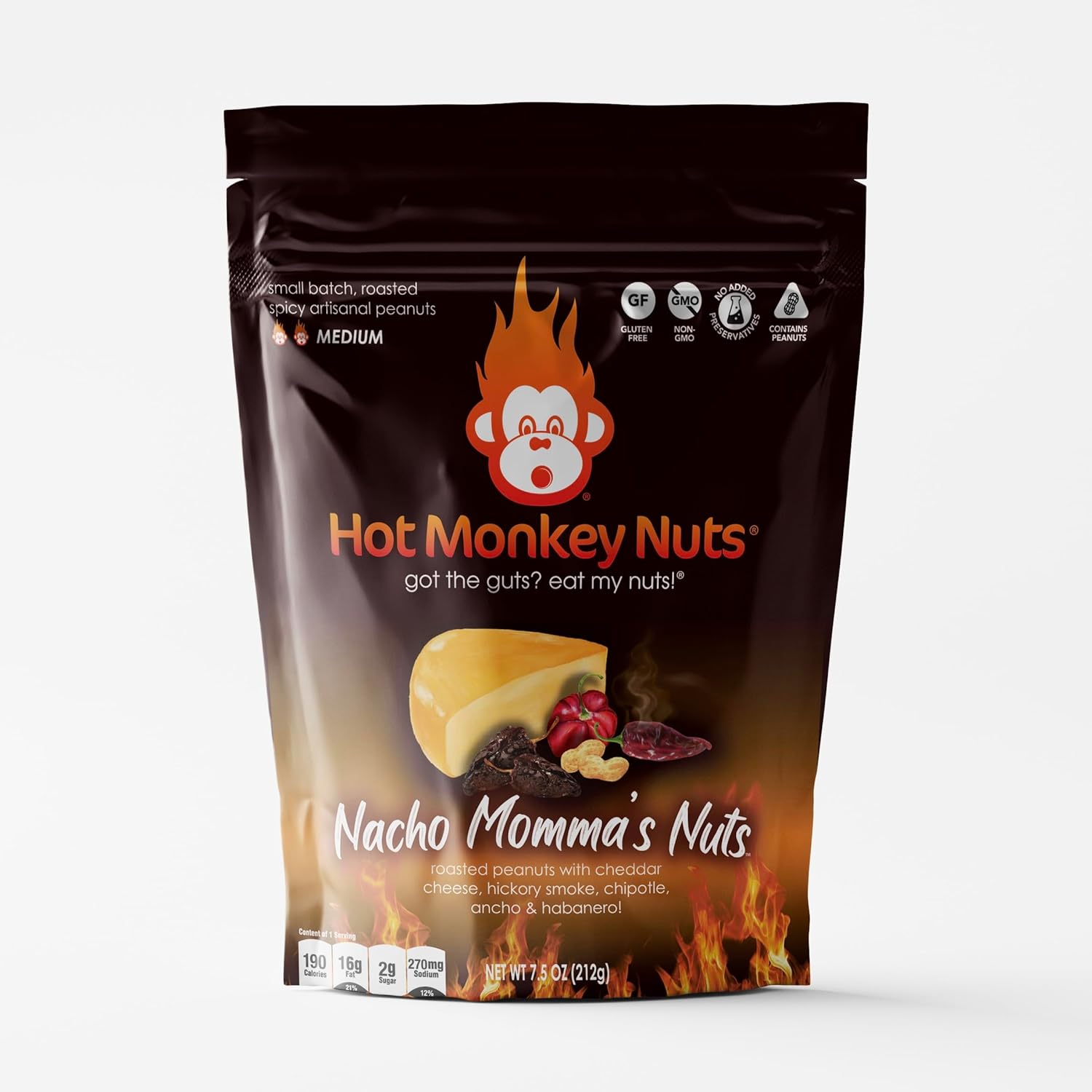 Hot Monkey Nuts Spicy Artisanal Peanuts | 3-Pack Medium Heat Roasted Peanuts | Nacho Momma's Nuts, Sour Screamin' Onion & Jamaican Me Sweat -Medium Heat Levels - 7.5oz. Resealable Pouch, Non-GMO, Gluten Free
