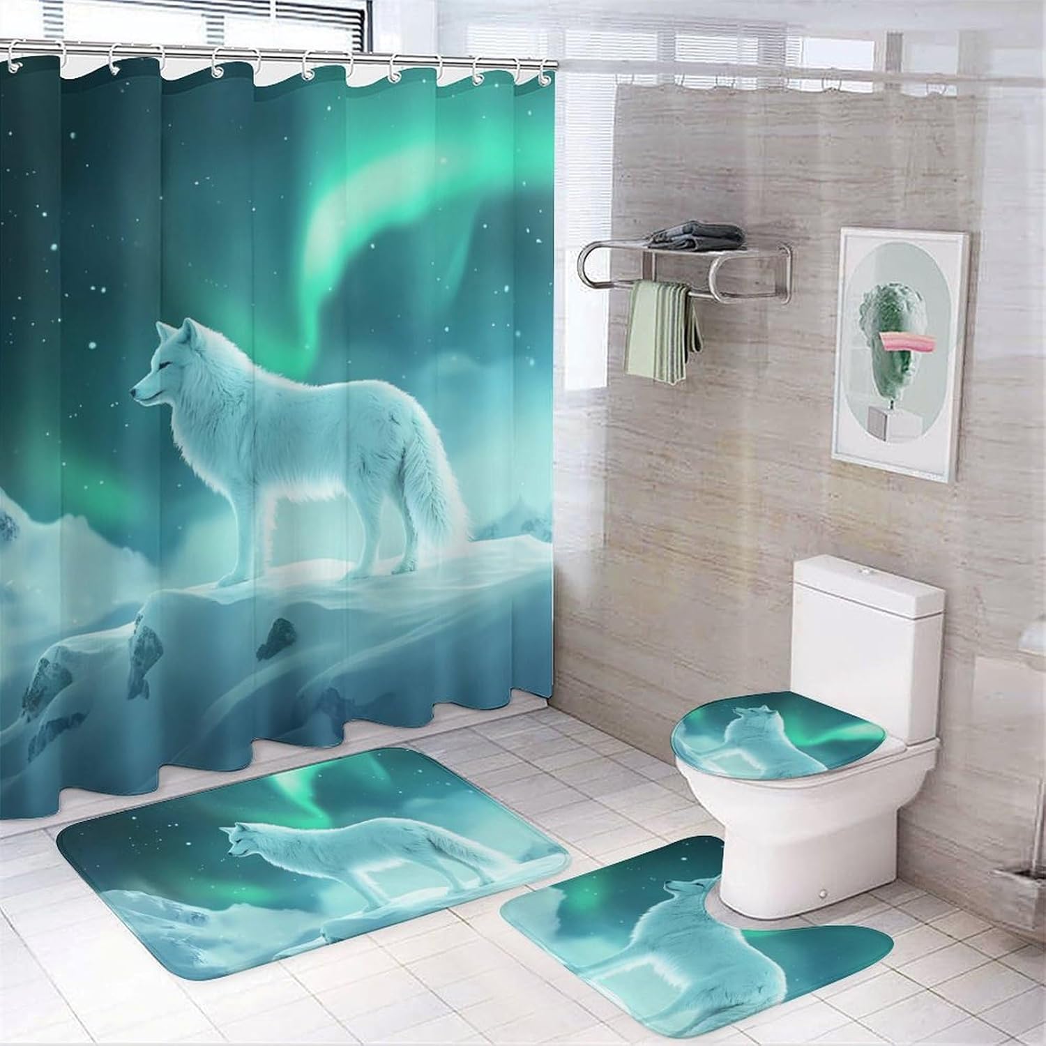 Snow Wolf with Aurora Borealis Bathroom Sets with Shower Curtain and Rugs 4 Piece with U-Shaped Floor Mat Toilet Lid Cover
