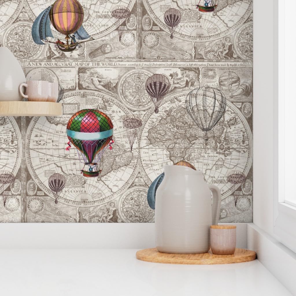 Peel & Stick Wallpaper 3ft x 2ft - Hot Air Balloons, Steampunk, Map Print, Vintage, Beige, Antique, Brown, World Travel Custom Removable Wallpaper by Spoonflower