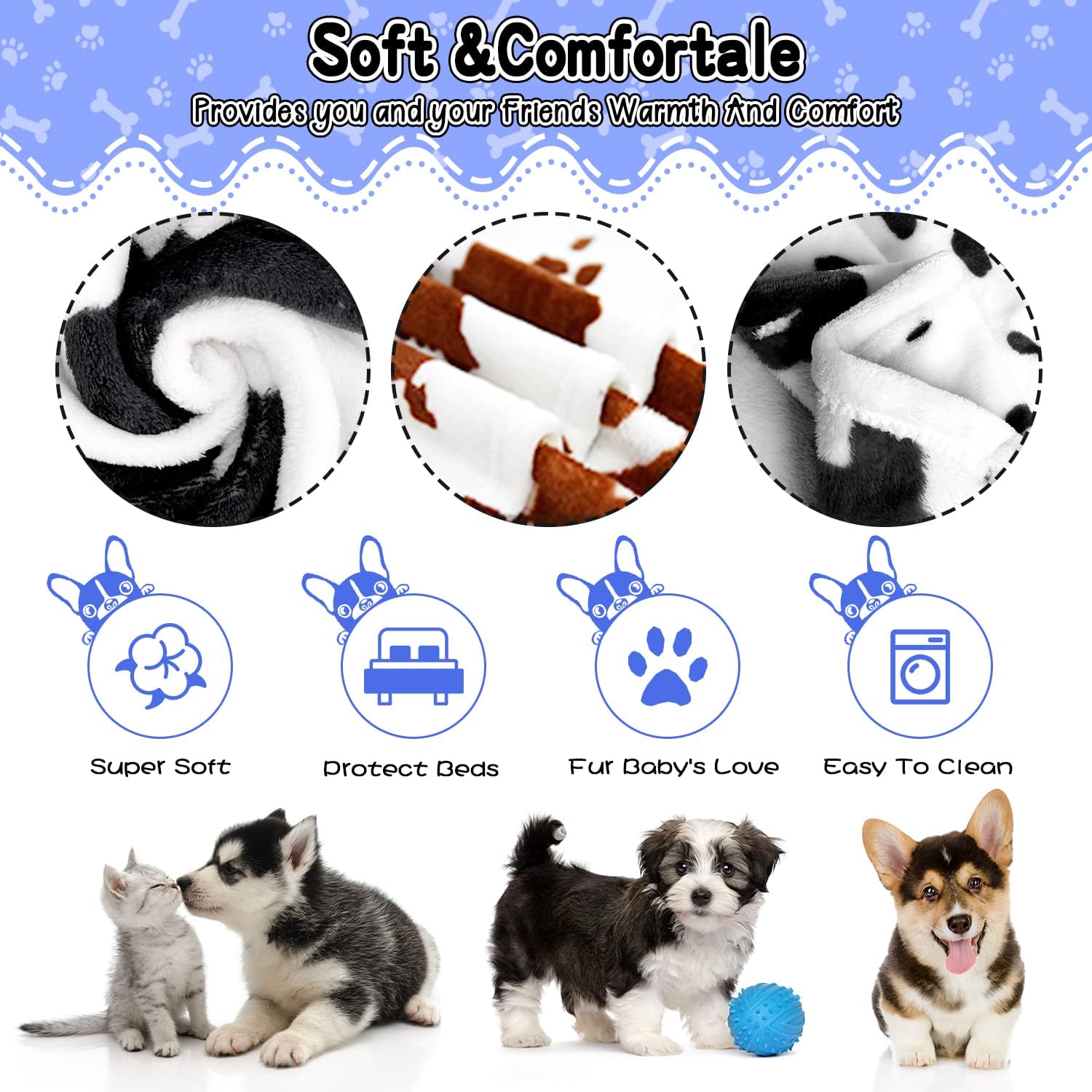 Rezutan 1 Pack 3 Blankets for Dogs, Dog Blanket for Large & Medium Pet Cat, Premium Soft Fluffy Suitable for Dog Kennels & Beds, Sofas, Gifts Puppy Essentials, 41x31inch, Black Brown White Cow Print