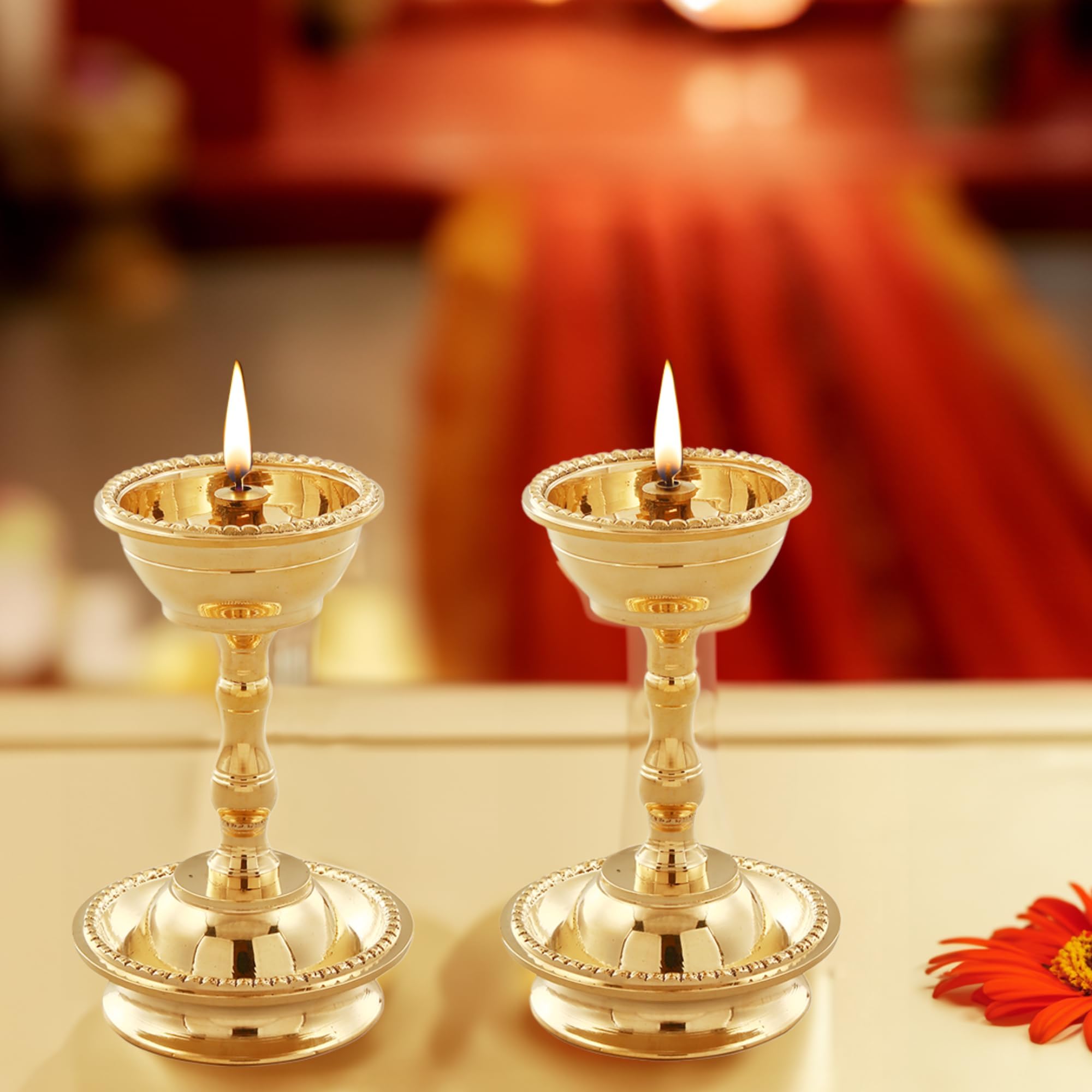 Pure Brass Udupi Nanda Diya for Puja (Set of 2), Traditional Gold Finish