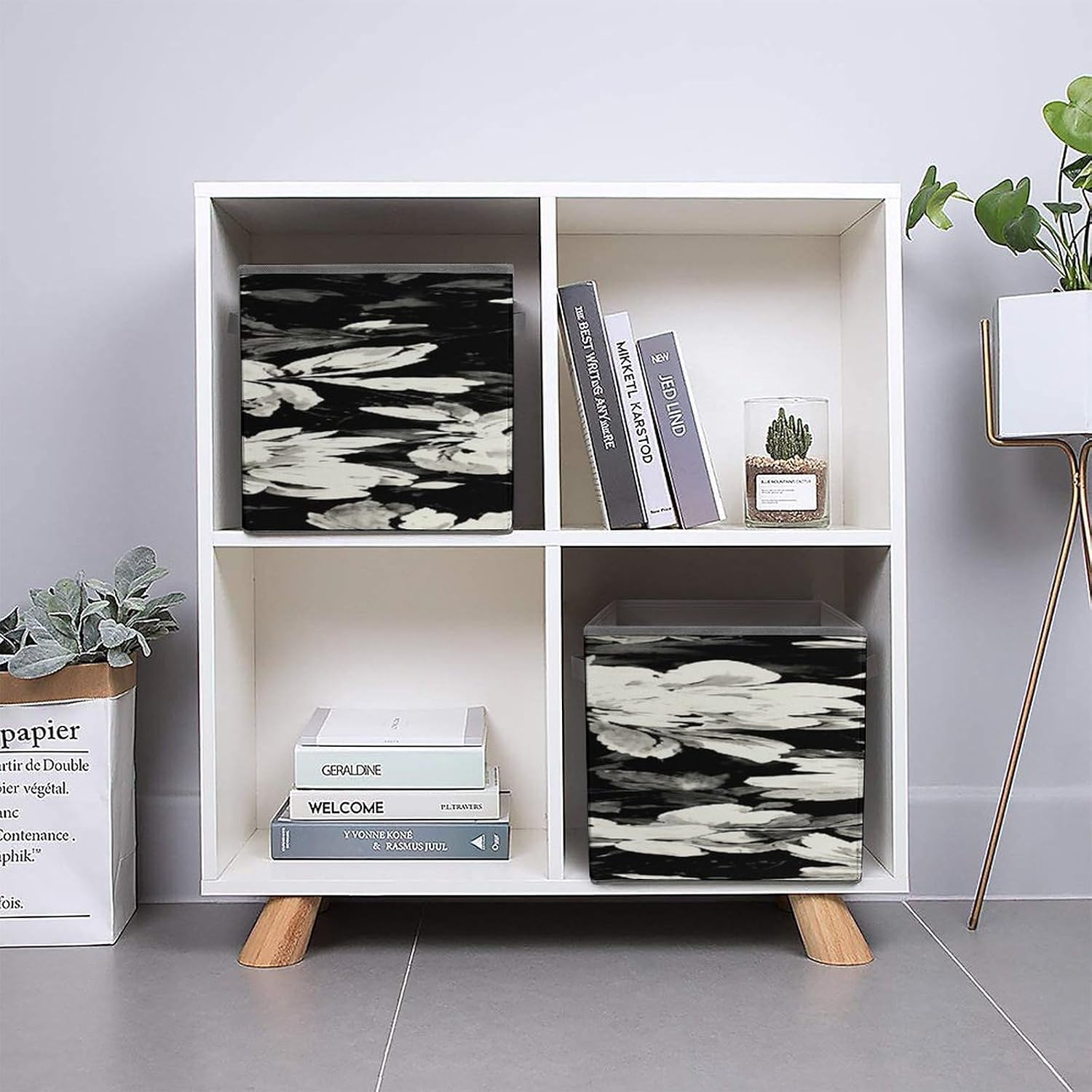 Black And White Floral Fabric Bins Storage Basket Square Baskets | Storage Bin with Double Handles,Cube Collapsible Organizers for Organization,Closet,Shelves,Offices