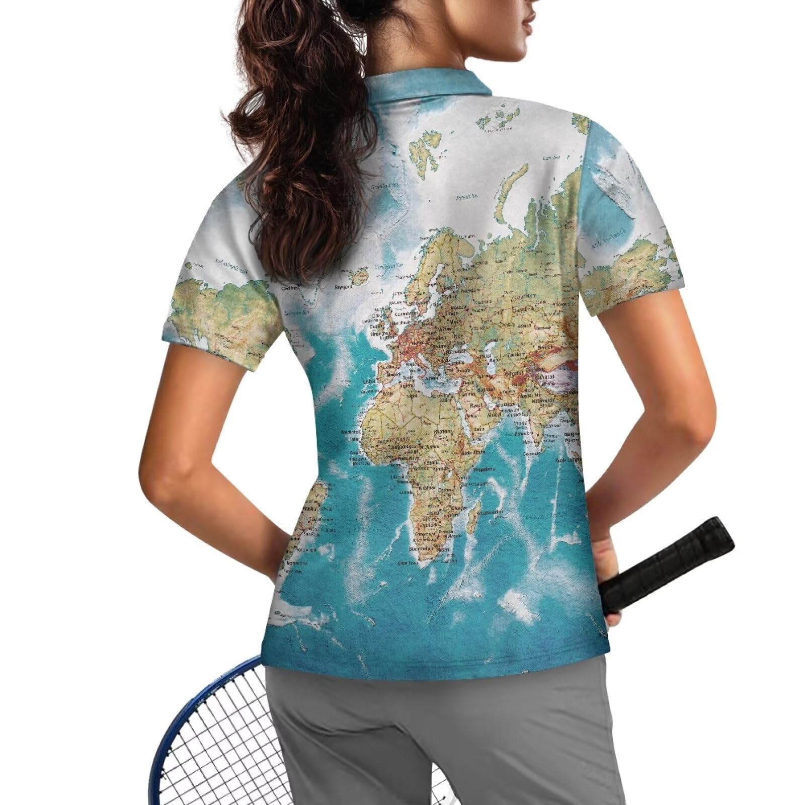 Gzzxiailg World Maps Golf Polo Shirts for Womens Ladies Lapel Collar Golf Shirts 1/4 Zip Up Workout Tops Dressy Loose Tennis Shirt Holiday Tops Lady Golf Apparel