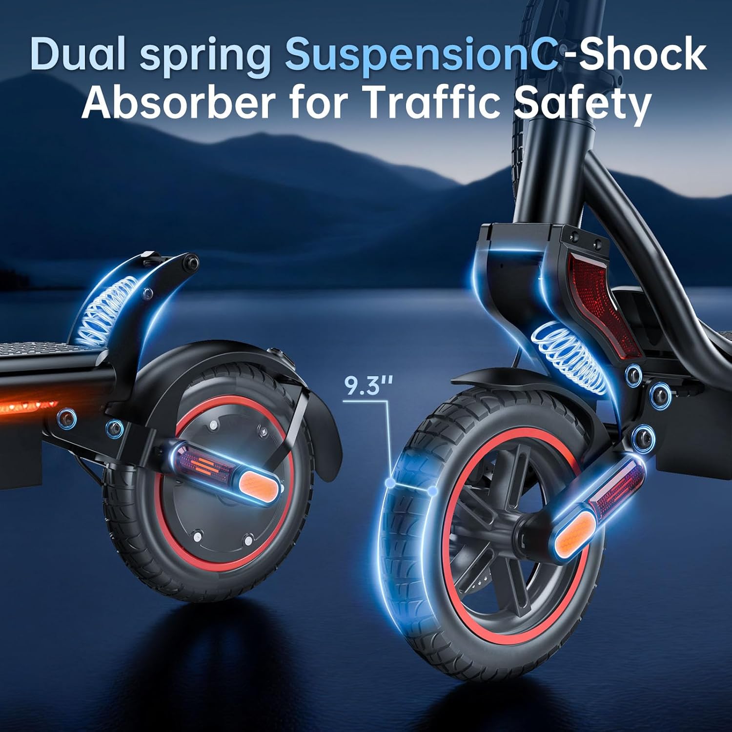 Close-up of the scooter's front and rear wheels showing the dual spring suspension system and 9.3 inch pneumatic tires