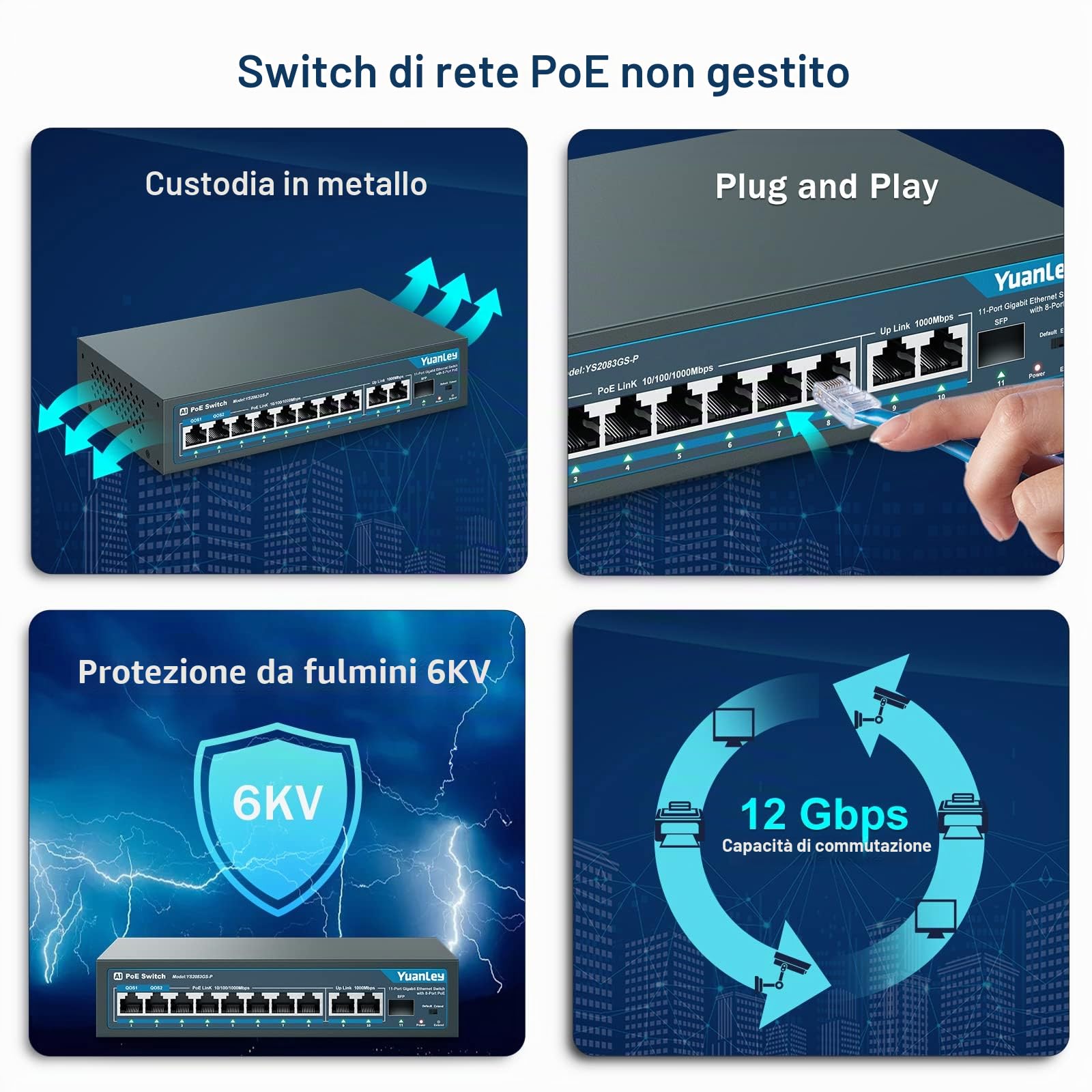 YuanLey 11 Porte Switch Gigabit Poe, 8 Porte Poe+ 1000 Mbps, 2 Gigabit Uplink, 1 Porta SFP, 120W 802.3af/at, Metal, Qos, Switch Ethernet Non gestito Plug And Play AI Smart Detection