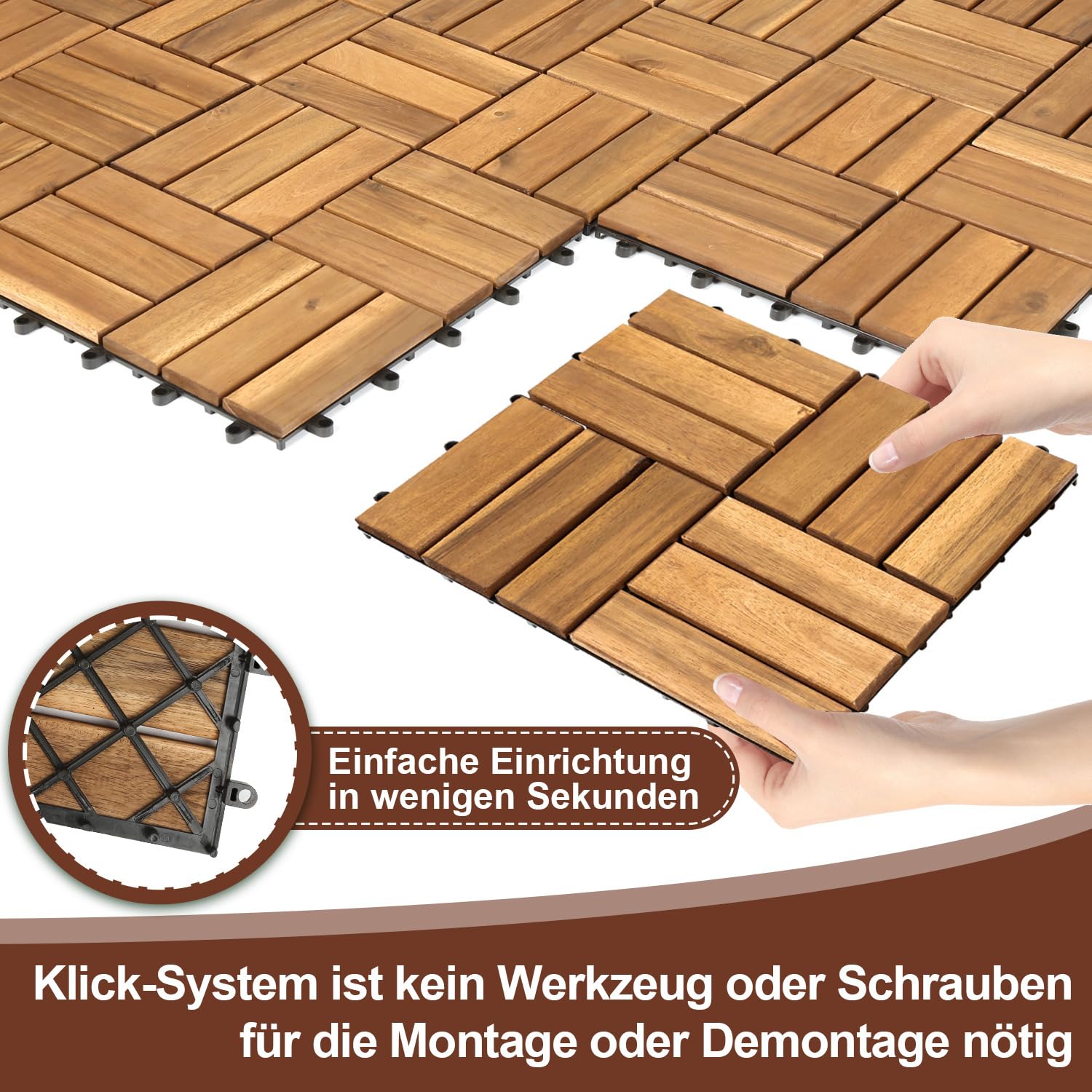 Piastrelle in legno per terrazze, 110 piastrelle per 10 m², 30 x 30 cm, piastrelle per balconi resistenti agli agenti atmosferici con sistema di drenaggio, in legno di acacia con sistema di