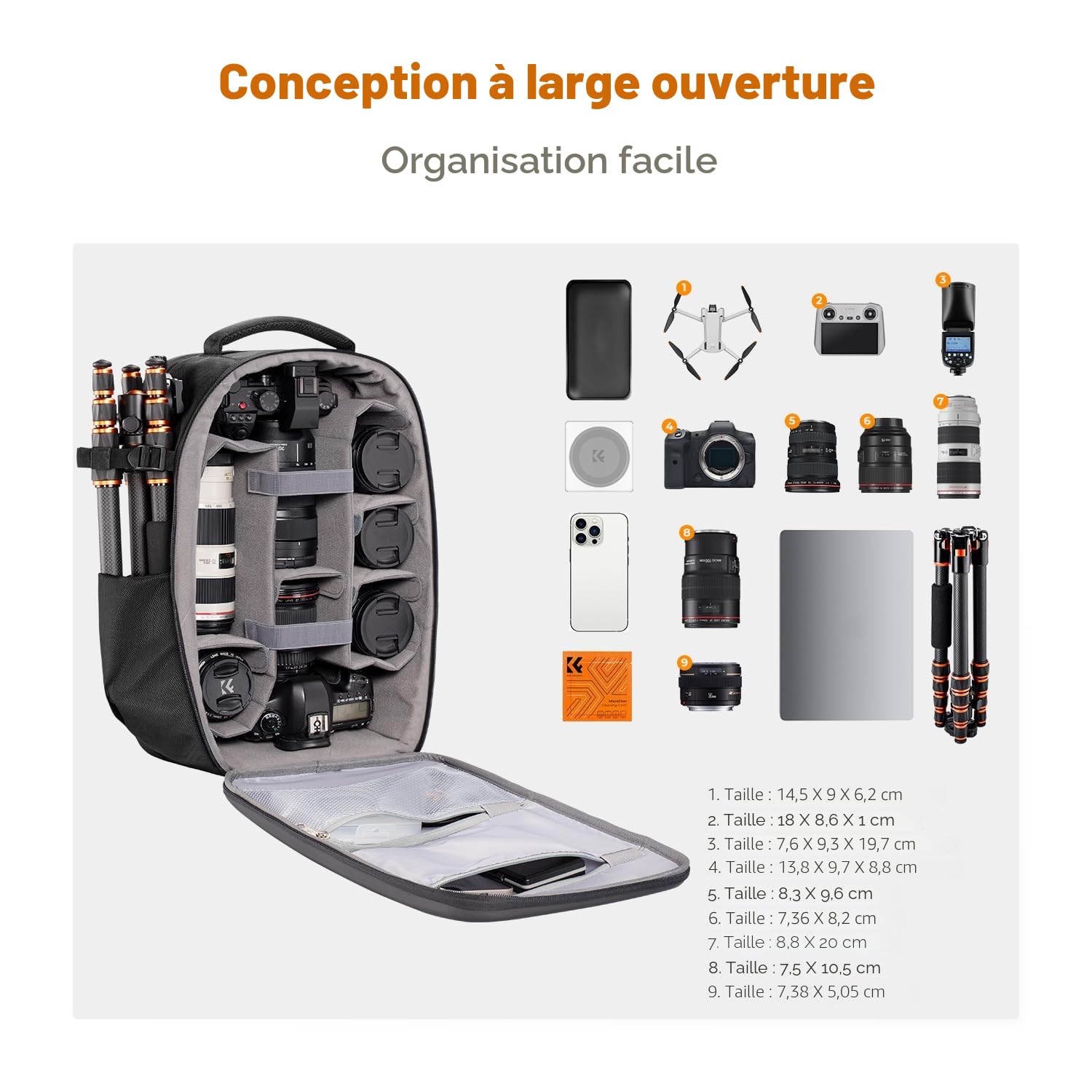 K&F CONCEPT Sac à Dos pour Appareil Photo Rigide avec Compartiment pour Ordinateur Portable de 15,6" et Housse de Pluie pour Drones, appareils Photo Reflex numériques, Noir
