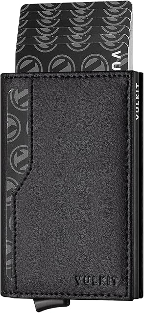 VULKIT Credit Card Holder with Double ID Window Leather Passcase Wallet RFID Blocking Automatic Pop Up Card Wallet for Cards & Notes
