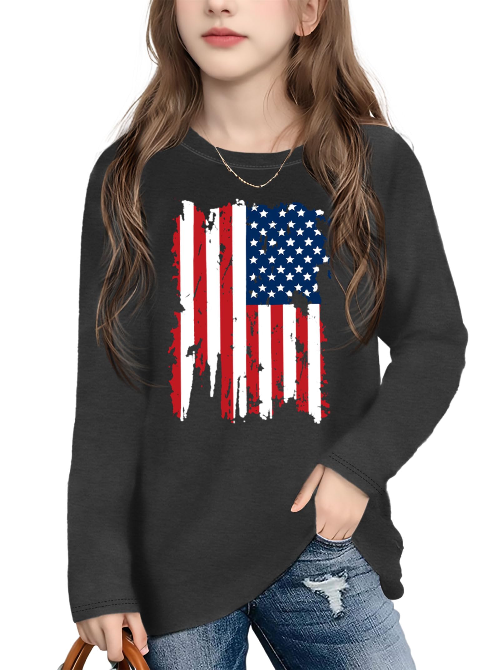 Ithalt 4th of July Outfit Kids Girls American T Shirt USA T-Shirt Fourth of July Tops Patriotic Long Sleeve Tops