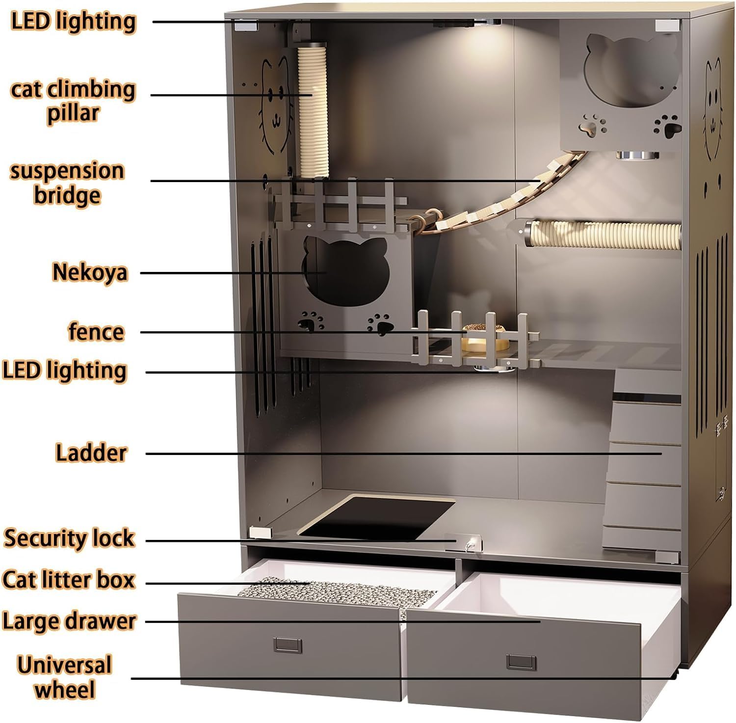 Wooden Cat House Large Space Cat Cage, Indoor/Outdoor Cat Enclosure with Wheels, Multi-Feature Enclosed Cat Condo with 2 Drawers for Indoor Cats Ventilation Glass Doors,57" X 36" X 24"
