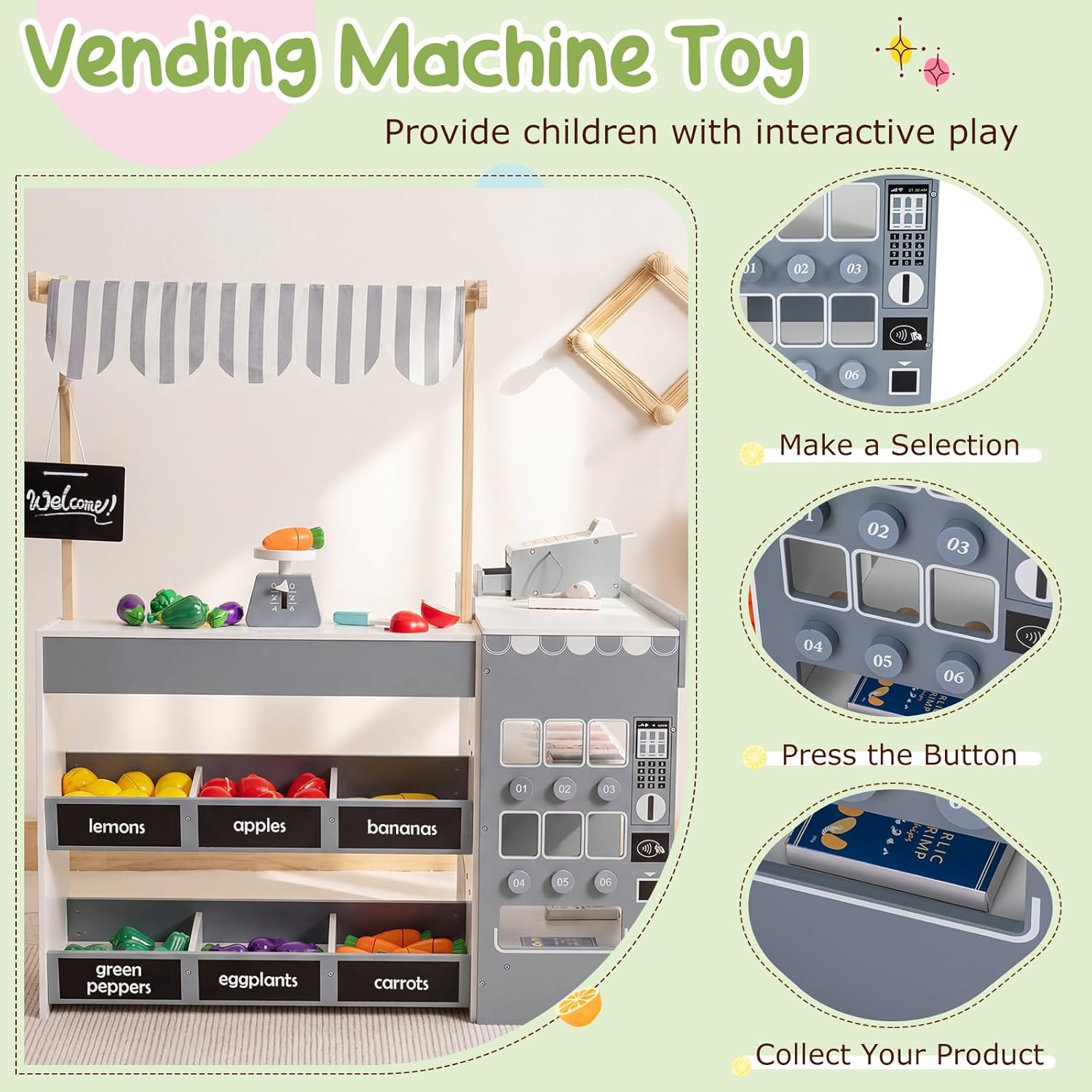 HONEY JOY Kids Grocery Store Playset, Wooden Market Stand Play Store with Canopy & Shopping Cart, Toddler Supermarket Checkout Stand w/Blackboard & Accessories, Grocery Store Pretend Play (Gray)