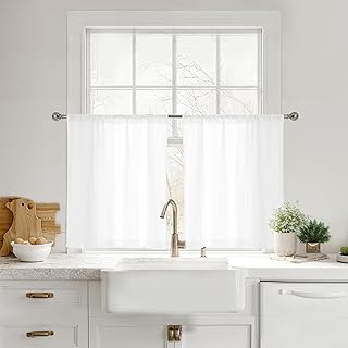 RYB HOME Cafe Curtain 24 inches Length, Non See Through White Semi Sheer Privacy Light Filtering Curtain Tiers for Kitchen Bathroom Small Window, White, 26" W x 24" L, 2 Panels Set