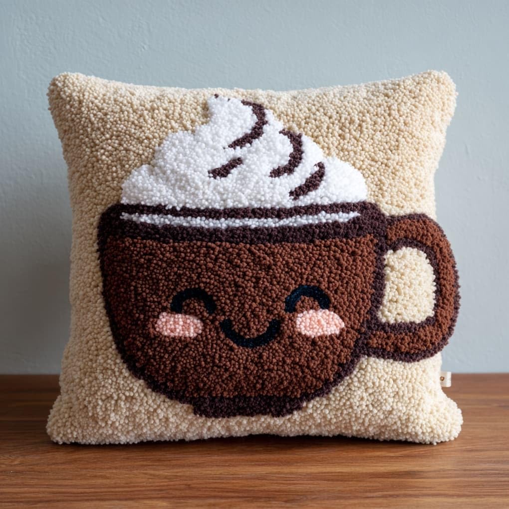 Latch Hook Pillowcase Kits 17x17in,Cartoon smiley face coffee cup