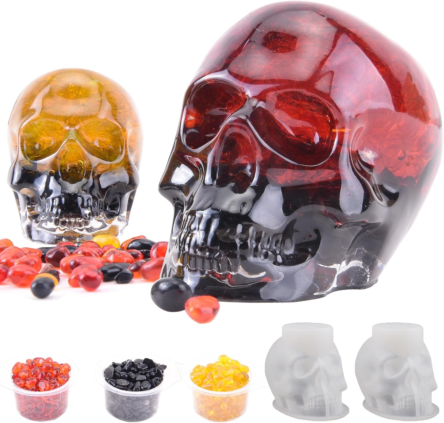 3D Skull Silicone Molds Set with 3 Color Crystal Gemstones - Flexible Crystal Molds for Resin Epoxy, Candle Wax, Soap & Clay, Halloween DIY Crafts, Home Decor (2Pack)