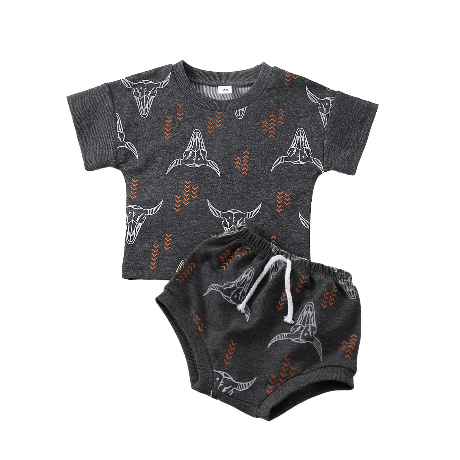 BOIBOKOKO Western Baby Boy Clothes Short Sleeve Cowboy T Shirt Top Cow Print Elastic Waist Shorts 2PCS Baby Summer Outfits (Grey, 0-6 Months)