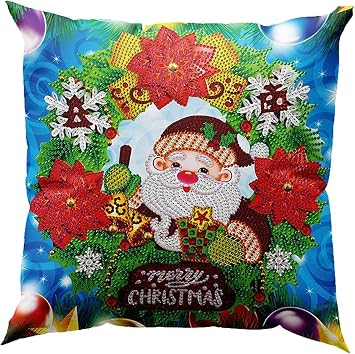 DIY 5D Merry Christmas Santa Claus Diamond Painting Pillow Covers Kits Replacement Special Shaped Diamond Art Indoor/Outdoor Square Cushion Cover Throwing Pillow Case Sofa Decor 12x12 Inch