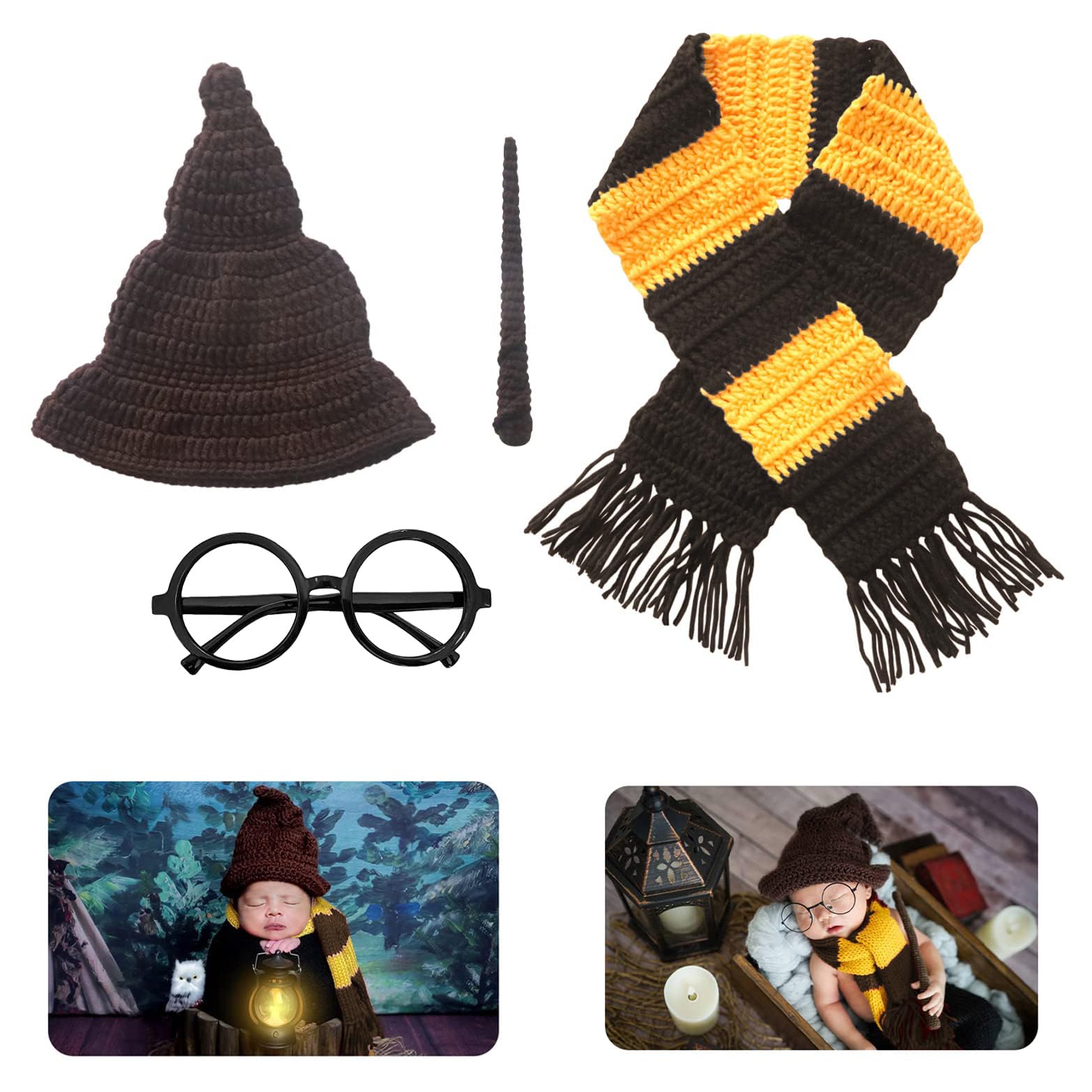 Xanewza Lot 4 Accessoires Photo Nouveau-Né – Chapeau Sorcière, Écharpe, Baguette, Lunettes – Halloween Magique (0-6 Mois)