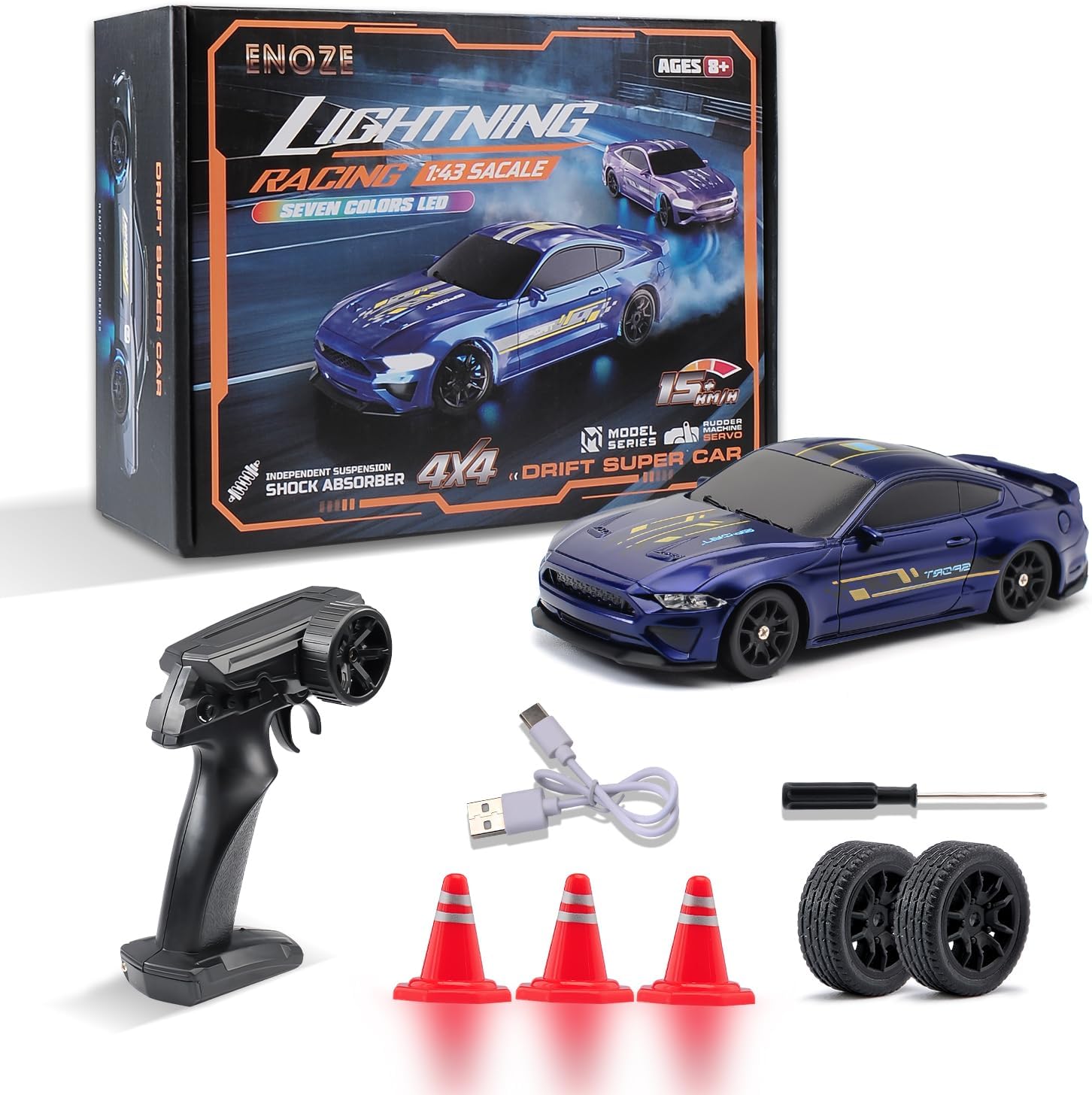 1:43 Scale Mini Racing Drift Car Model，2.4GHz Remote Control Car, 4WD High Speed Race with Lights,Racing Tires,RC Toys Hobbyist Gift for Adults, Kids, Boys, Girls (Blue)