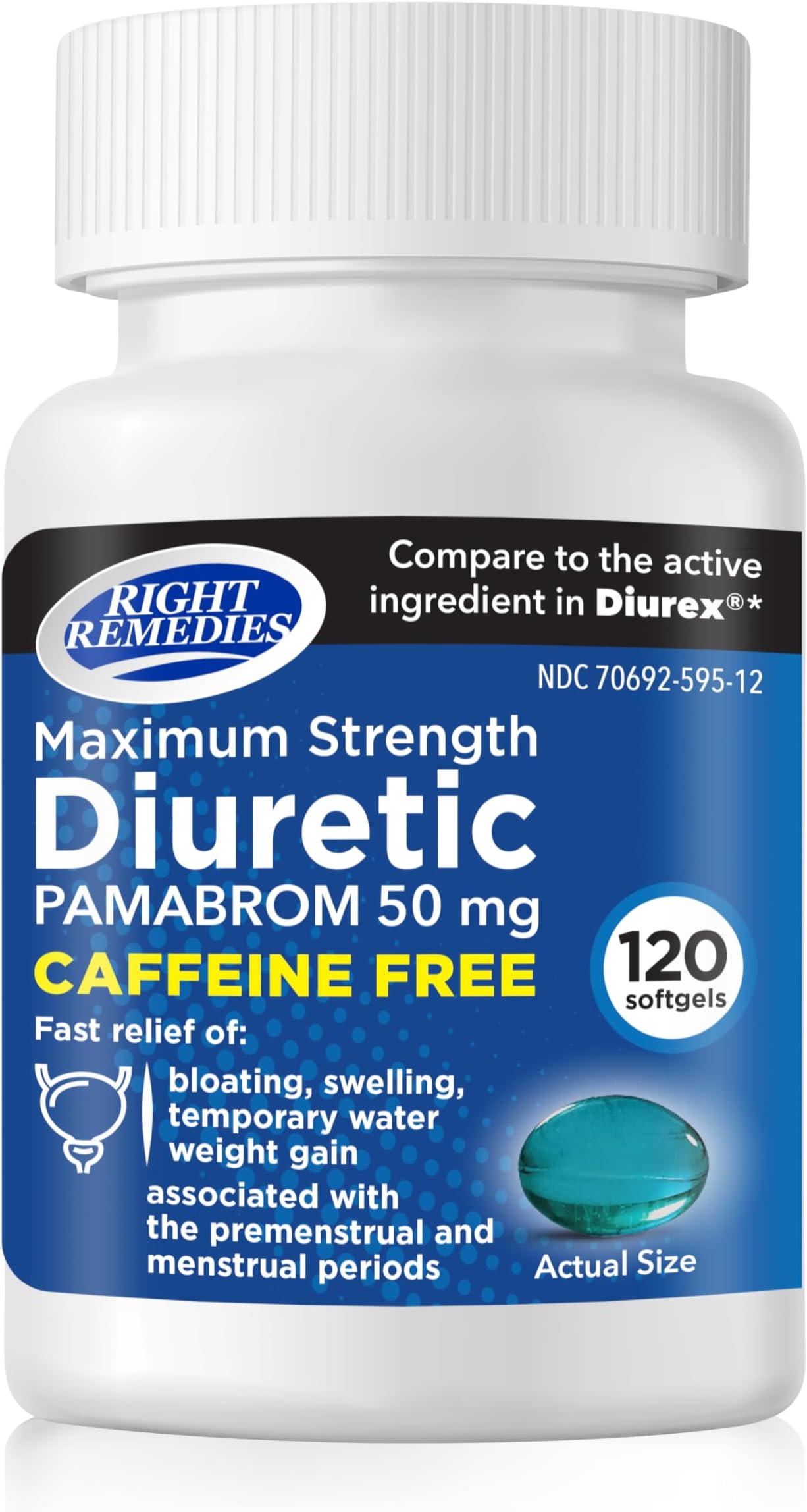 Maximum Strength Caffeine-Free Diuretic Softgels, (120 Softgels), Pamabrom 50mg, Helps Relieve Heaviness Due to Water Weight gain