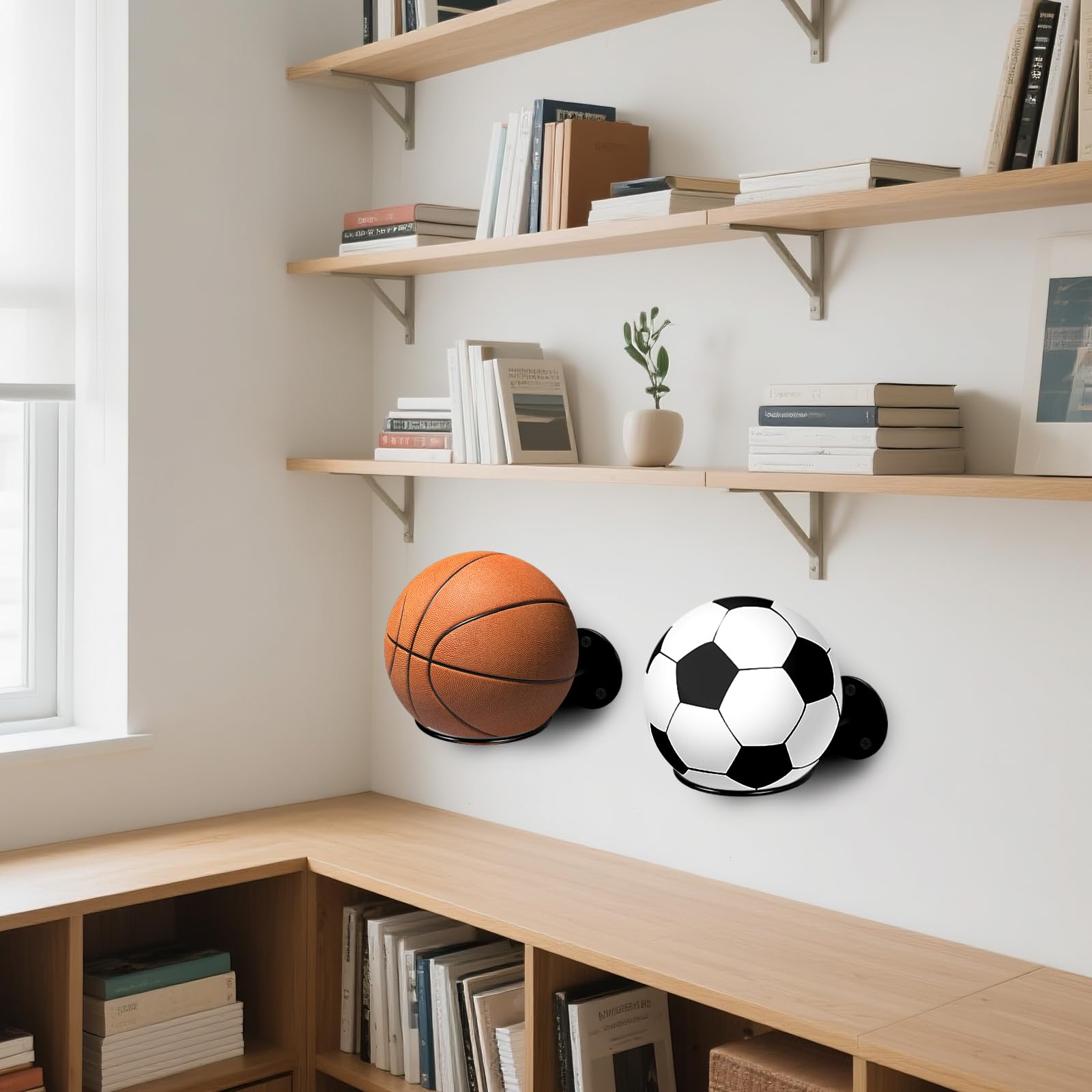 4 Pièces Supports Mural pour Ballons, Porte Ballon Basket, Trois Vis pour Renforcerpour, Rangement pour Basket Ball, Football, Volley Ball, Noir