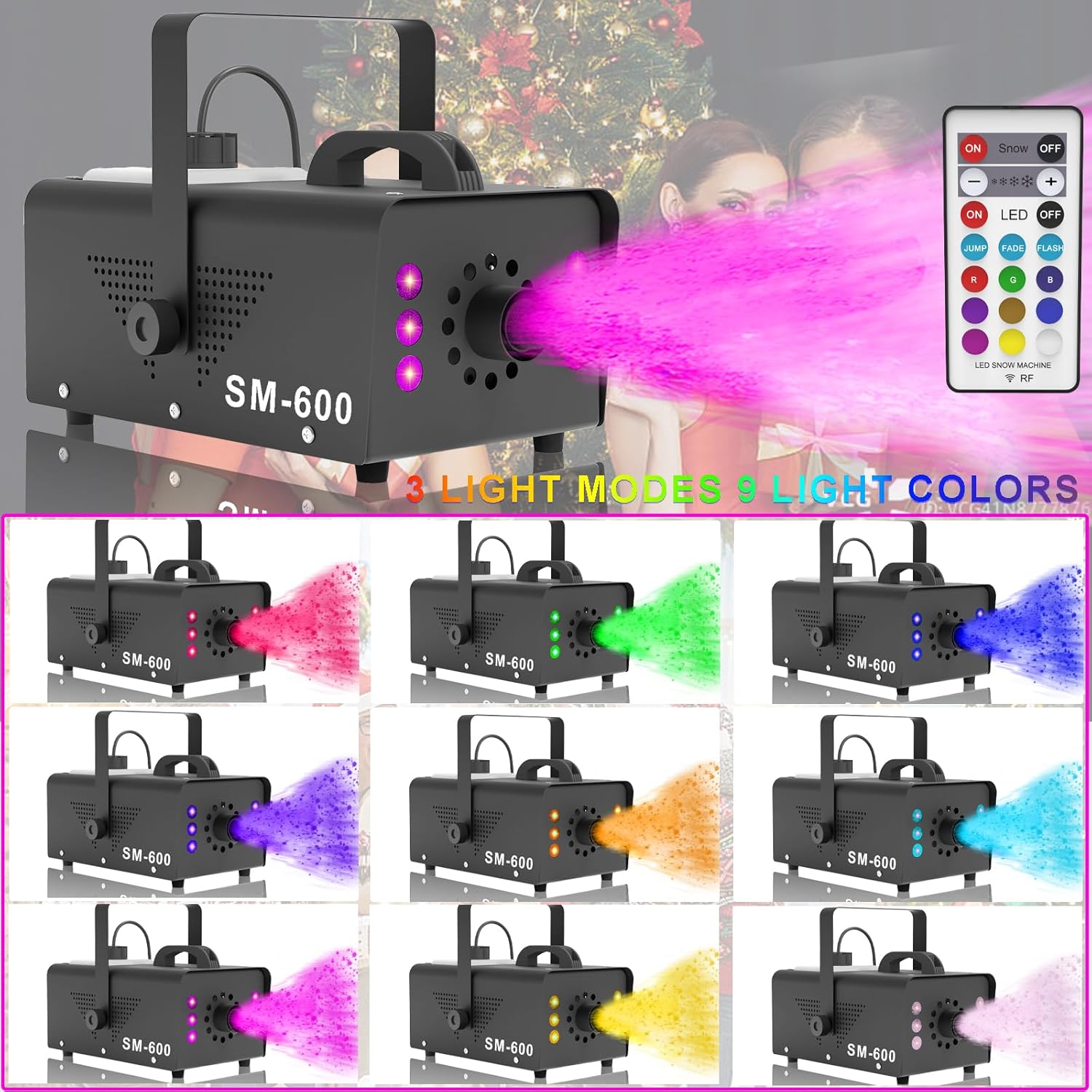 Snow Machine with LED Lights 600w, Remote Control, Perfect for Parties Indoor, Christmas, Wedding, Stage Effect，A-600w