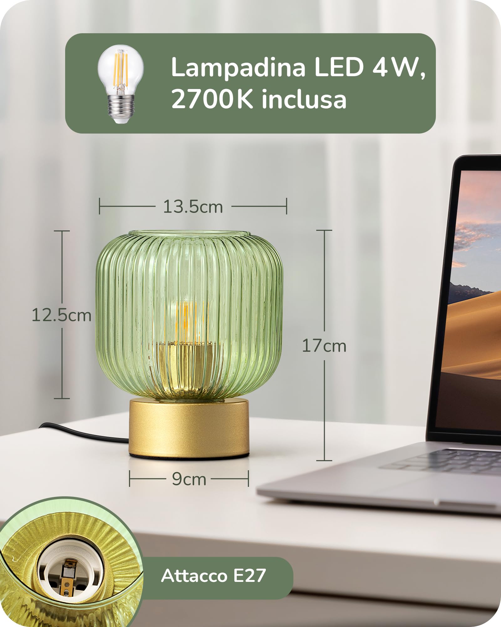 EDISHINE Lampada da tavolo LED, Paralume verde & Base in metallo dorato, con lampadina E27 2700K luce calda, Moderna per soggiorno, camera & regalo