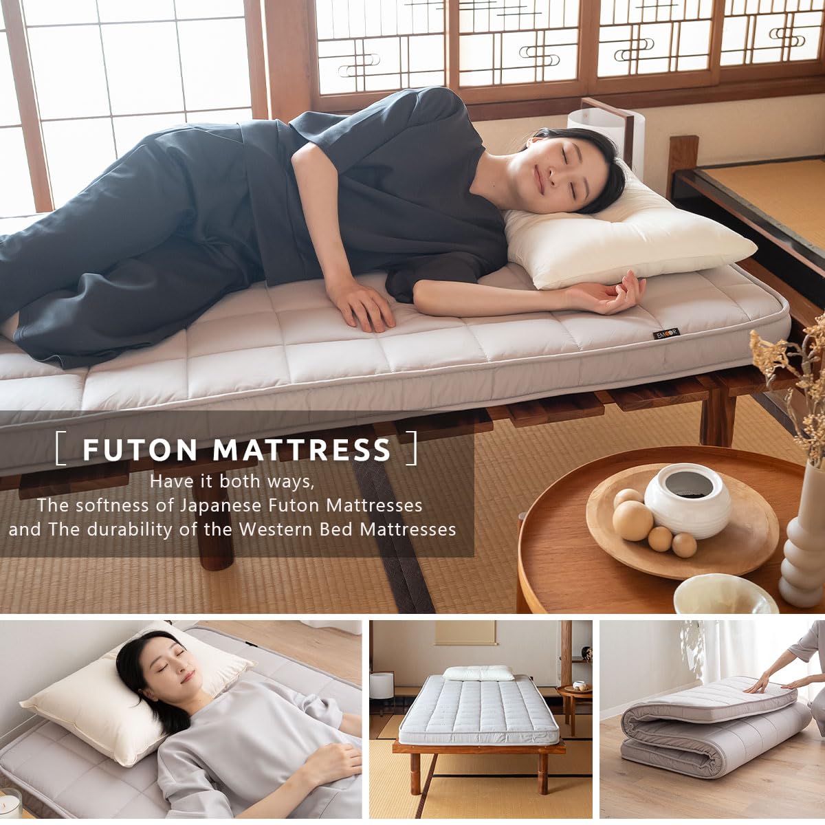 EMOOR Japanische Gepolsterte Futon Matratze Machi 90 x 202 cm Grau, Urethan- und Polyester (Fest) Zwickel Faltbar Speicherbar Gästebett Tatami-Matte