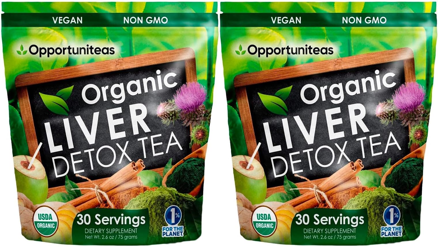 Opportuniteas Organic Liver Detox Tea - Matcha Green Tea, Milk Thistle, Coconut Water, Spirulina, Ginger, & Cinnamon Vegan & Non-GMO - 60 Servings