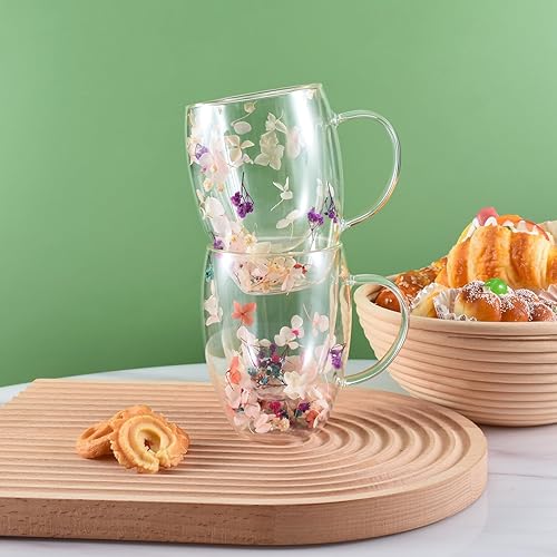 Miniatura 4 de Koythin Taza de café de vidrio de doble pared con asa, taza de café con capa aislada, tazas transparentes Demitasse con flor, perfecta para té