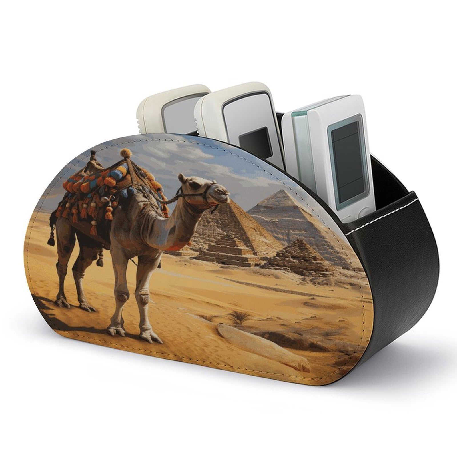 JTREHY Pyramid Camel Remote Control Holder 5 Compartments Remote Caddy Tray PU Leather TV Remoter Storage Box Bedside Table Storage Organizer Office Desk Storage Case