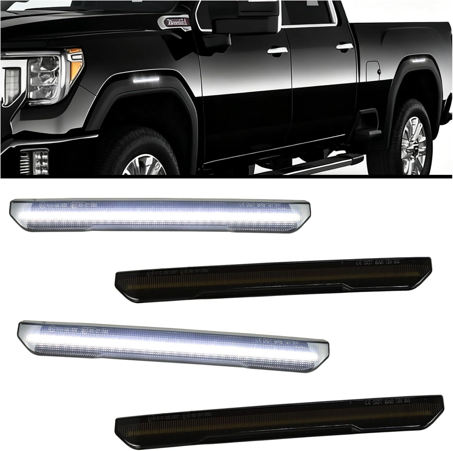 Smoked LED Side Marker Lights for 2020-2025 GMC Sierra 2500HD/3500HD - 4pc Kit White Front & Red Turn Signals | Plug & Play OEM Replacement (WHITE)